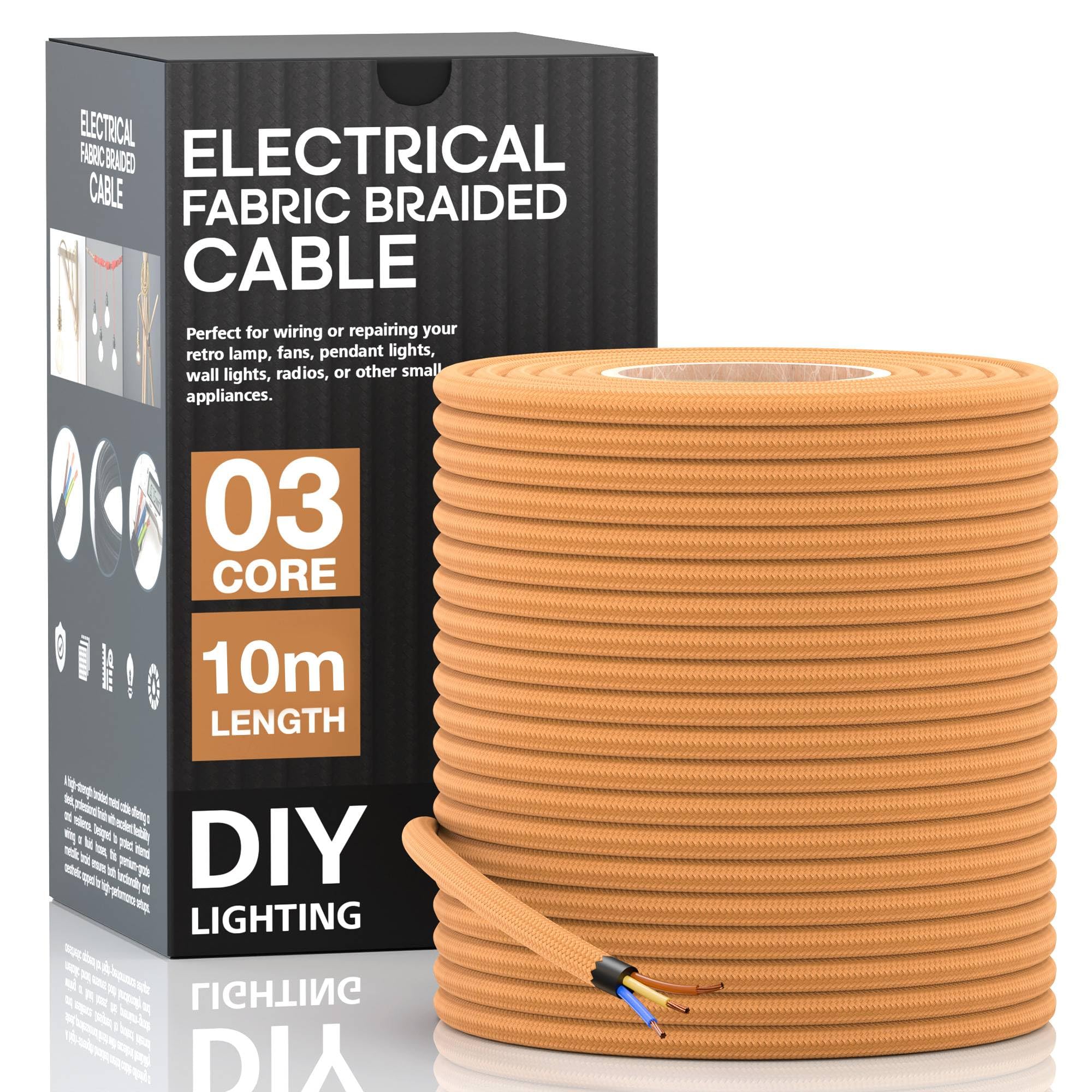 10m 3 Core Braided Fabric Covered Electrical Cable 0.75mm Flex