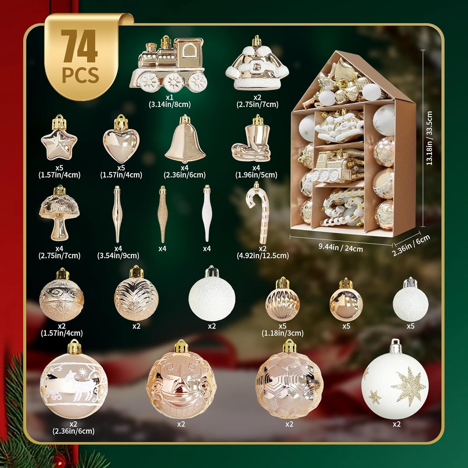 Ornaments for Christmas Trees,74 Count Gold Christmas Tree Decorations, Shatterproof Plastic Hanging Bulbs Decorations Set for Xmas Holiday Party - Image 2