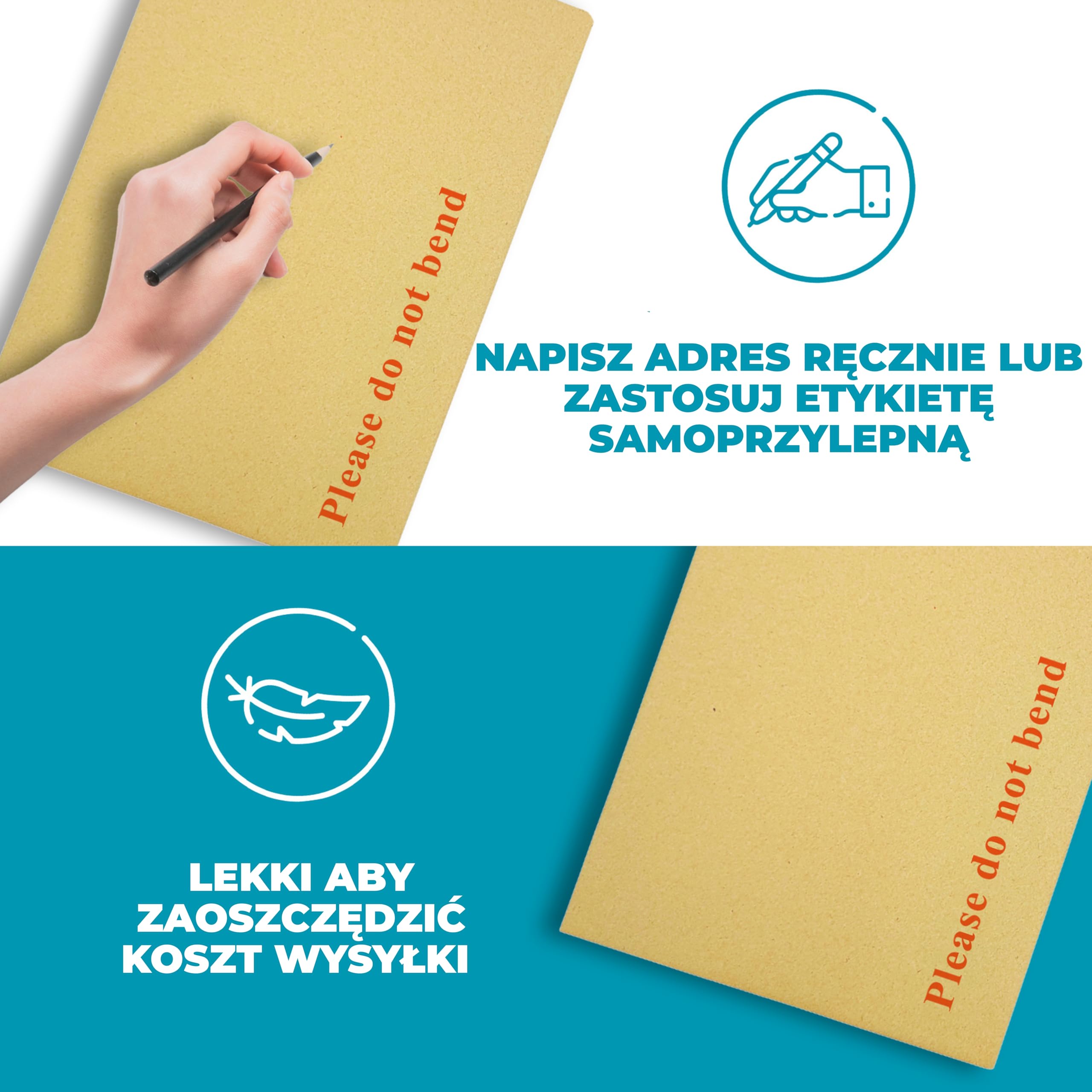 Double Dragon 50-pack A6 C6 Koperty Manilla Wzmocnione Kartonem | 162 mm x 114 mm | Nadruk „Nie Zginać” | Wypełnione i Ochronne przed Manipulacją | Samoprzylepne Zamykanie