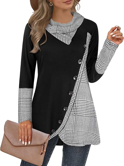 Cestyle Womens Fall Long Sleeve Cowl Neck Asymmetrical Hemline Flowy Tun...