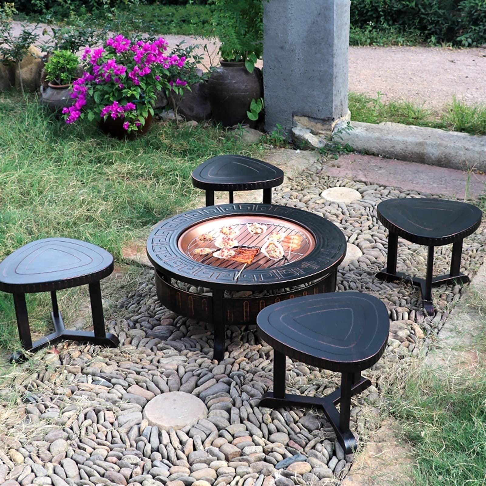 Chimenea Exterior Jardin Fogata De Propano De 32 Pulgadas Para Exteriores,  Mesa De Fuego De Acero De 50,000 BTU Con Tapa Y Roca De Lava, Añade Calidez  Y Ambiente A Reuniones |, image size:1601x1601