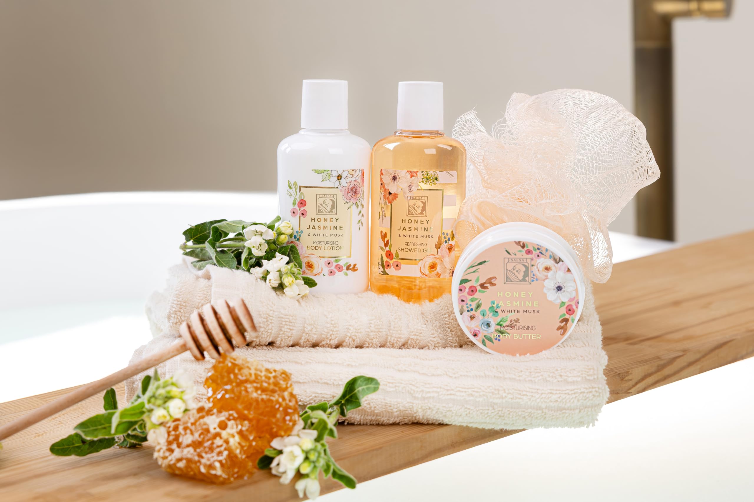 Accentra Zestaw prysznicowy dla kobiet HONEY Jasmin w pięknym pudełku prezentowym – 4-częściowy zestaw do pielęgnacji z żelem pod prysznic, balsamem do ciała, masłem do ciała i gąbką z siatki – zestaw
