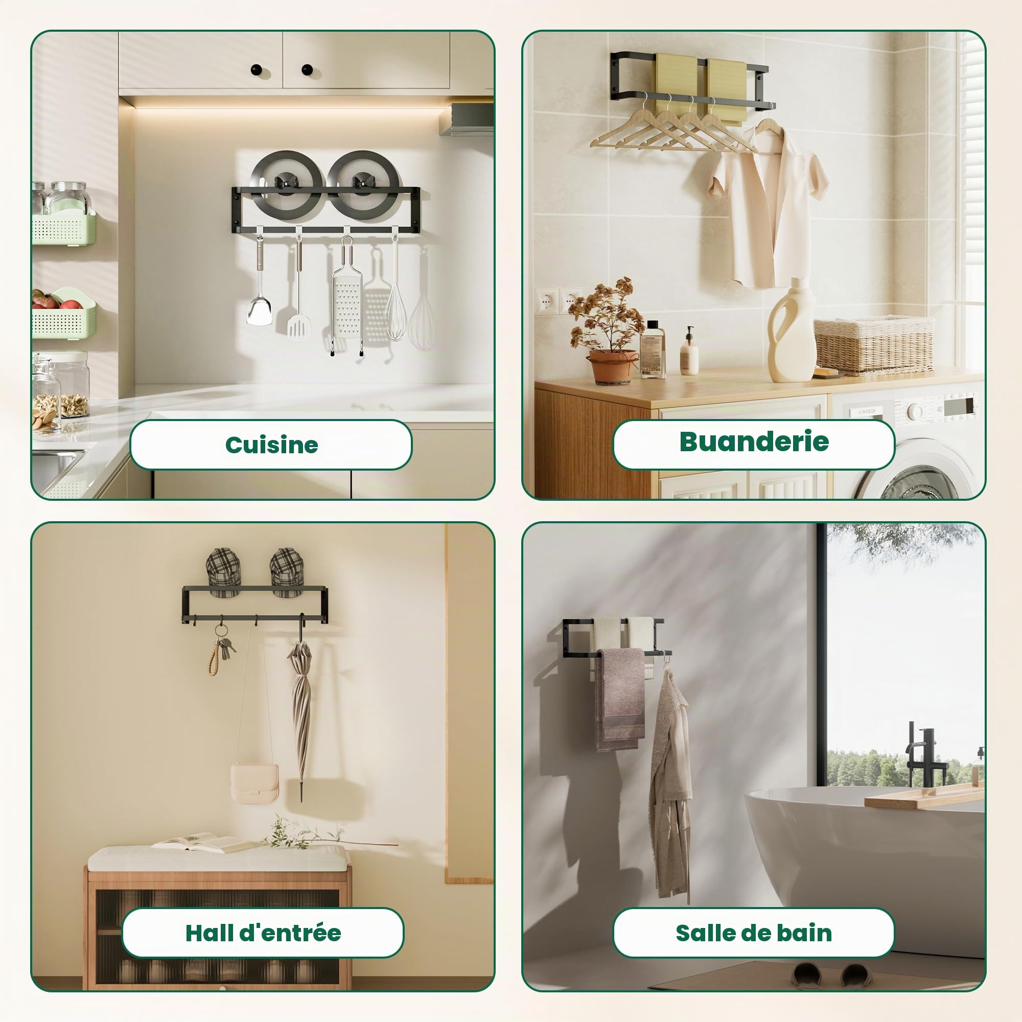 Mooche Porte-Serviettes Mural à 2 Niveaux, 60 CM, en SUS304, Noir | Barre Porte Serviette Pratique en Acier Inoxydable SUS304 Pour Cuisine et Salle de Bain, Facile à Installer