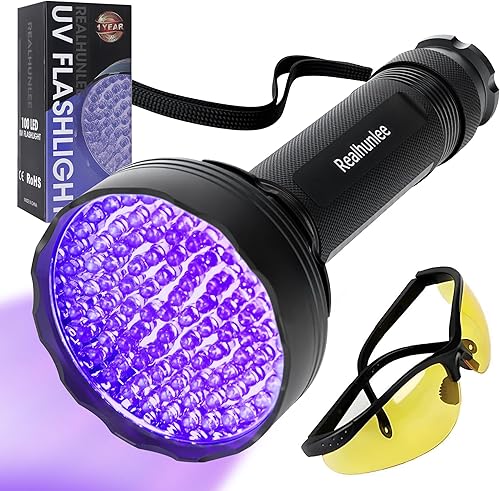 Linterna UV de luz negra, ultra brillante, 100 LED de 395 nM, detector de luz negra ultravioleta con gafas protectoras UV para manchas de orina