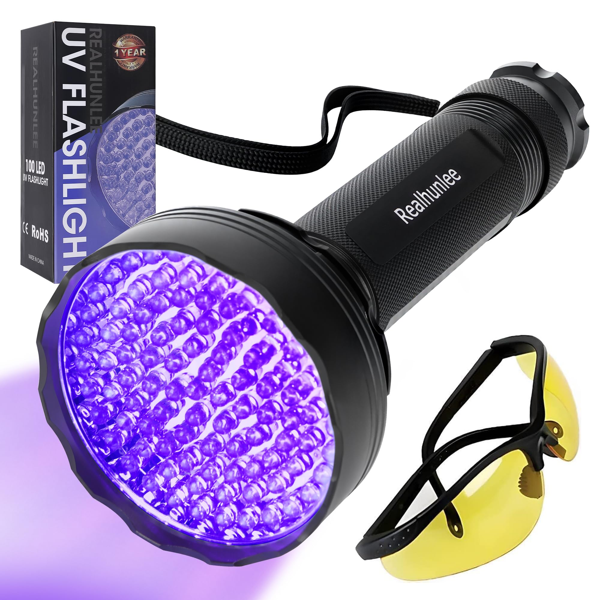 UV Flashlight Black Light, Ultra Bright 100 LED 395 nM Ultraviolet Blacklight Detector with UV Protective Glasses for Dry Pet Dog Cat Urine Stains, Bed Bug, Scorpions Matching with Pet Odor Eliminator