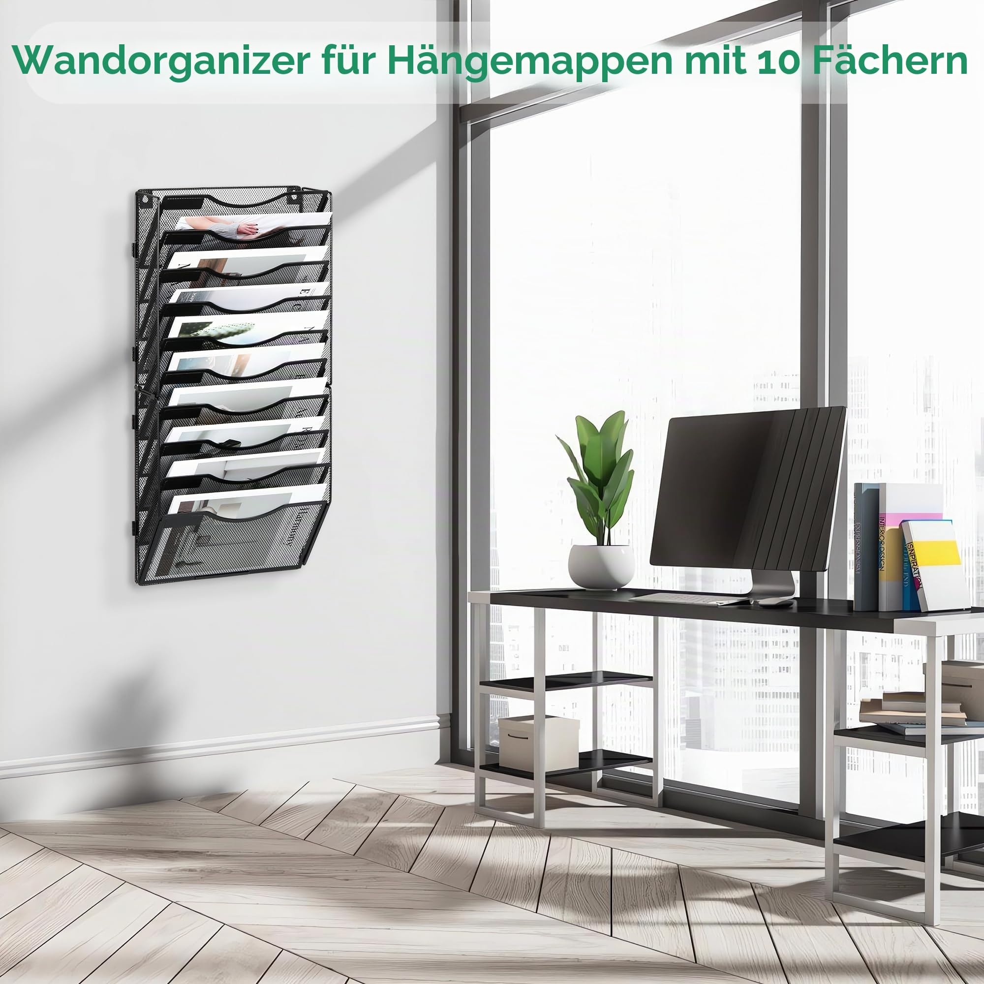 TQVAI Dokumenten Organizer 10 Fächer Metall Zeitschriftenhalter Wand A4 Papier Flyerhalter Postsortierer Dokumentenablage für Büro Zuhause Schule, Schwarz