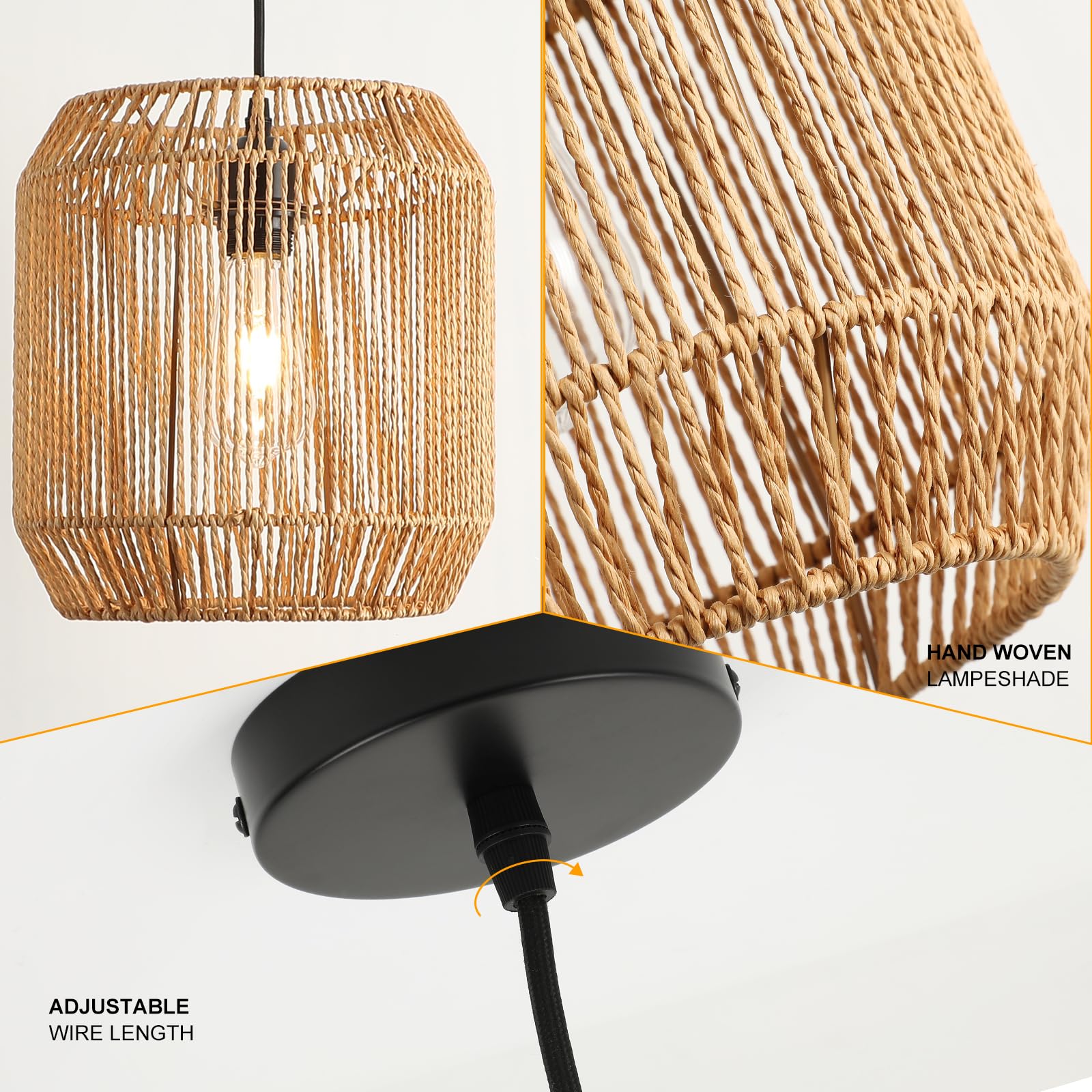 Pendelleuchte Rattan - Boho Lampe Hängend Ø26cm Vintage Deckenlampe Rattan E27 Hängeleuchte Geflochten für Esstisch Küche Wohnzimmer Schlafzimmer Flur