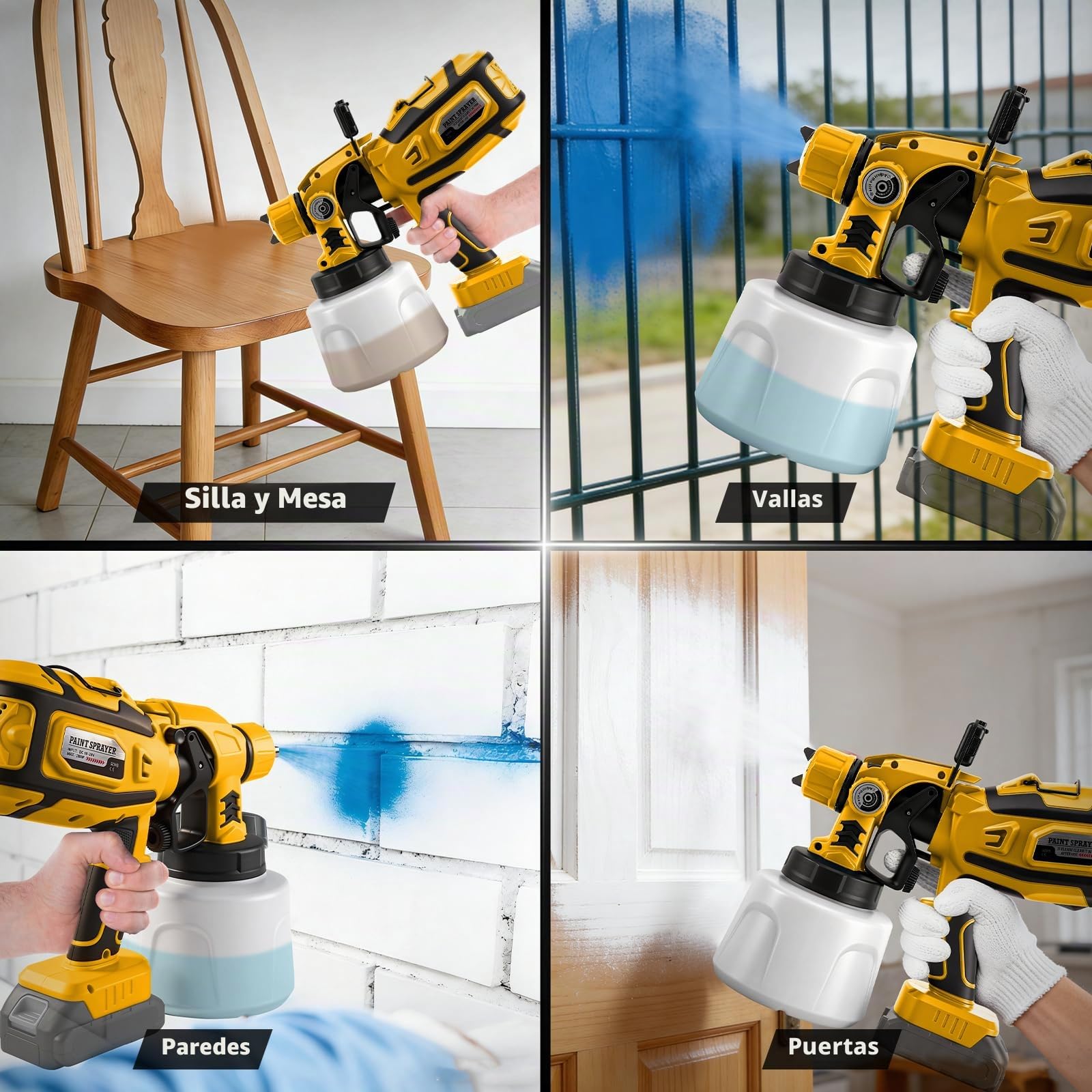 Pulverizador de Pintura Inalámbrico con LED para Dewalt 20V (sin batería) | 200W, Sistema de Pintura Eléctrico, Depósito 1,4L, 3 Patrones, 5 Boquillas, Cepillo, Guantes, Gafas
