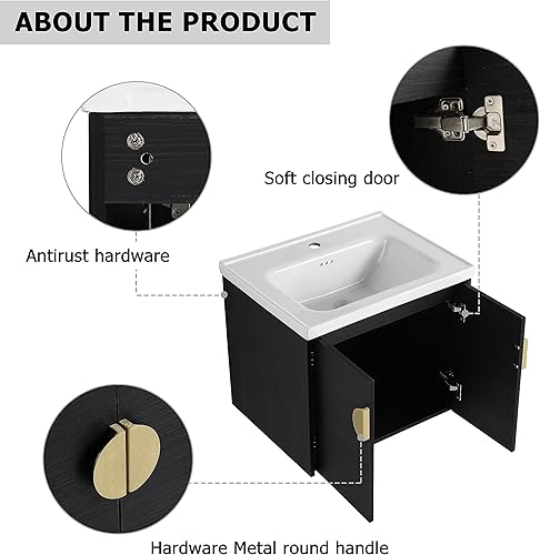 Miniatura 5 de Conjunto de tocador de baño de 24 pulgadas montado en la pared con lavabo, moderno juego de tocador de baño flotante con lavabo, armario de