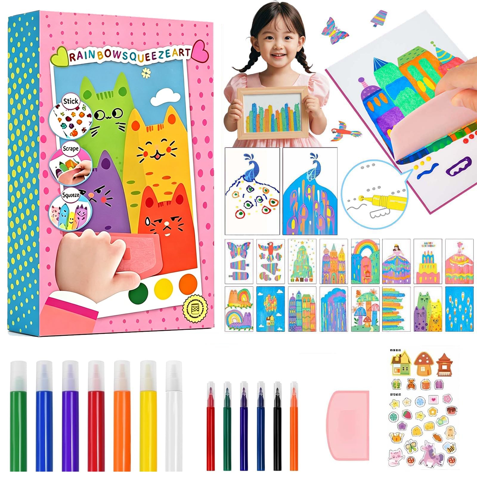 Felly 20PCS Rainbow Scratch Art for Kids, Magic Dot Scratch Painting, Squeegee Art Craft Kit, Creative Painting Kit, Party DIY Postcards Favors, Novelty Gifts for Girls Boys