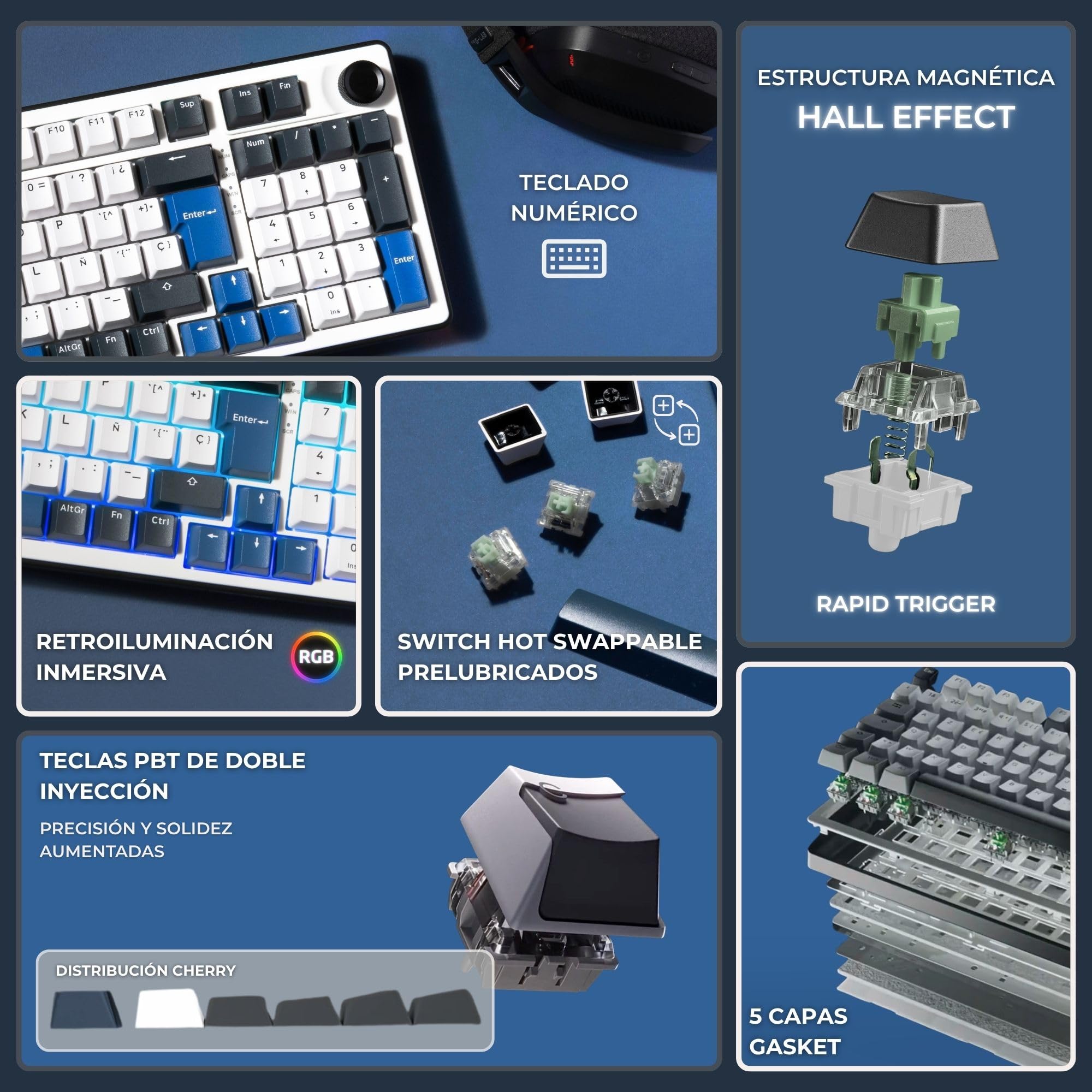 The G-Lab KEYZ Elite 400 HE BW Magnetic Hall Effect Tastiera 96% QWERTY con Ñ, 8000 Hz, attivazione rapida, attivazione regolabile, tastiera da gioco, hot swap, RGB e personalizzabile
