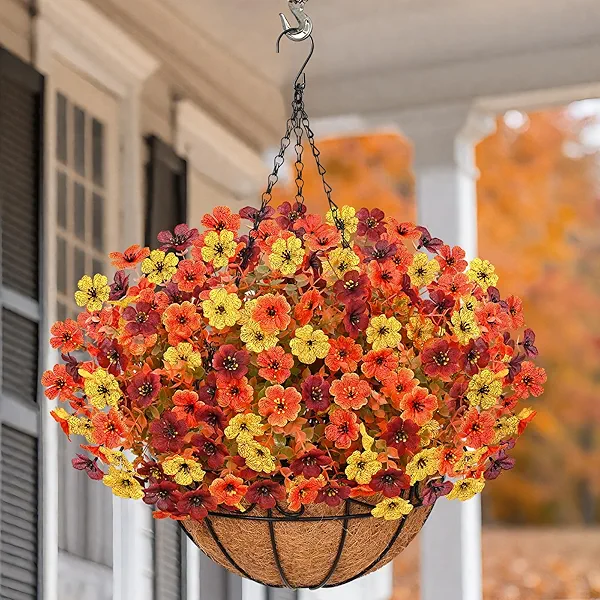 Artificial Fall Hanging Baskets for Outdoors, Fake Hanging Plants Realistic UV Resistant Fall Flowers for Fall Decor Porch Patio Garden Decor (Orange Brown Yellow)