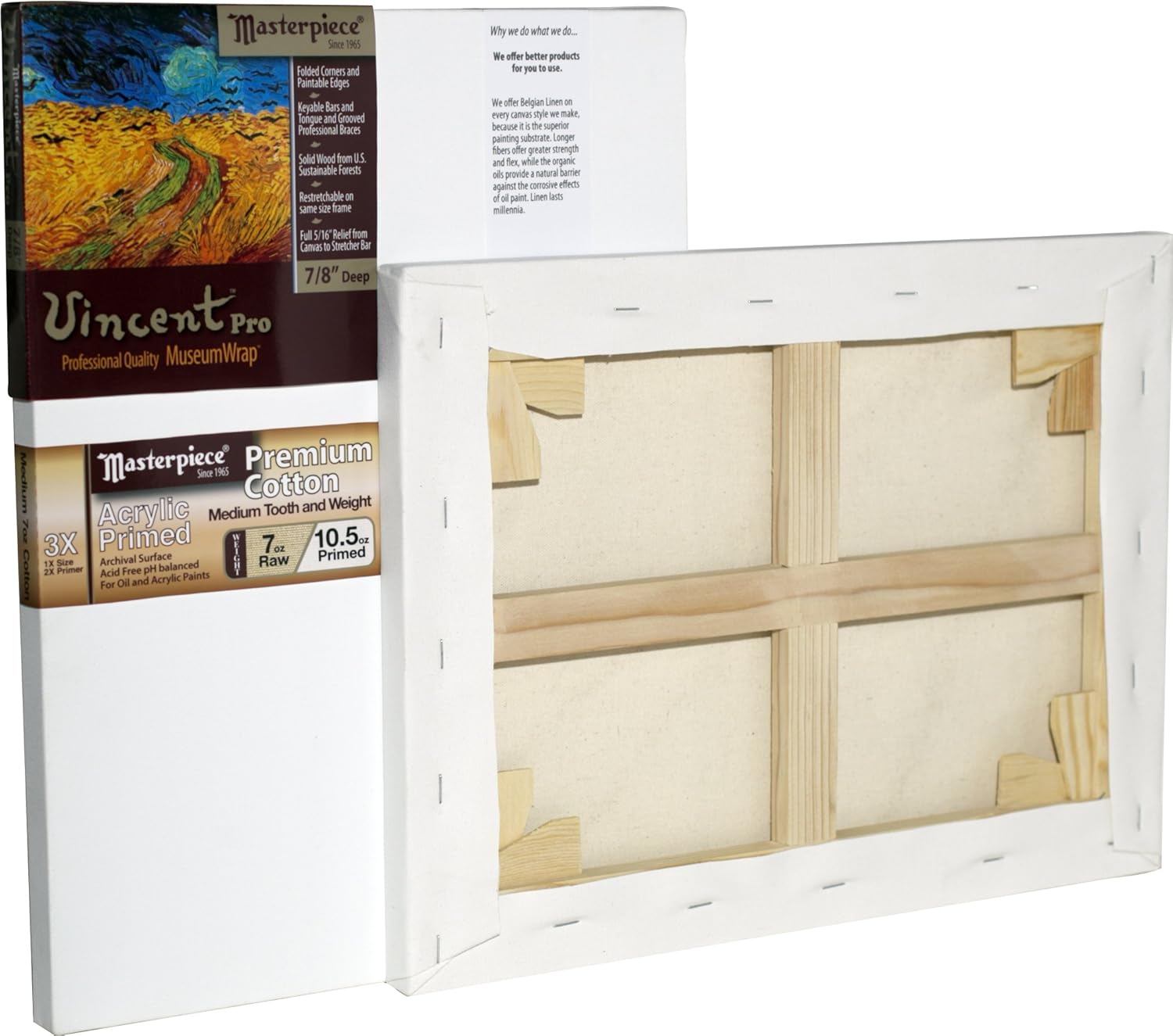 MASTERPIECE 41082 Vincent Pro 7/8" Deep Monterey 10.5 oz Cotton Medium Texture Stretched Canvas 13" x 21"