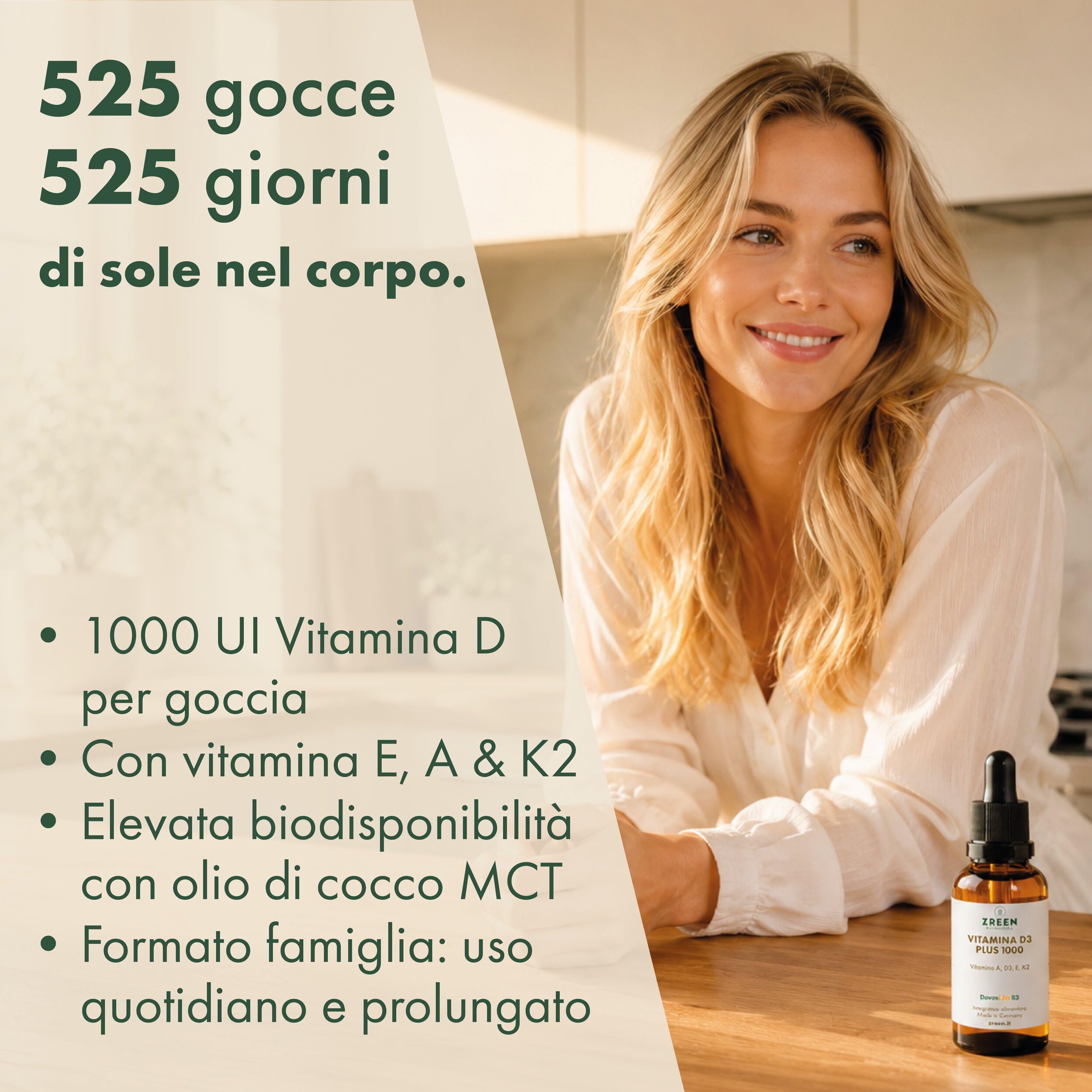 Vitamina D3 K2 1000 UI - Colecalciferolo Gocce - 15 ml con Olio MCT | 525 Gocce • Vitamine A, E e K2 MK-7 all-trans • EVNol™ • Formula in olio • Prodotto in Germania