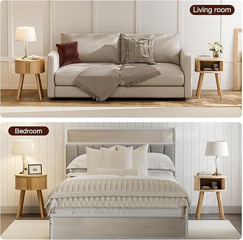 Miniatura 6 de Side Table with Sliding Door & Cabinet, End Table for Living Room, Night Stand for Bedroom, Modern Bedside Table with Solid Wood Legs, Natural