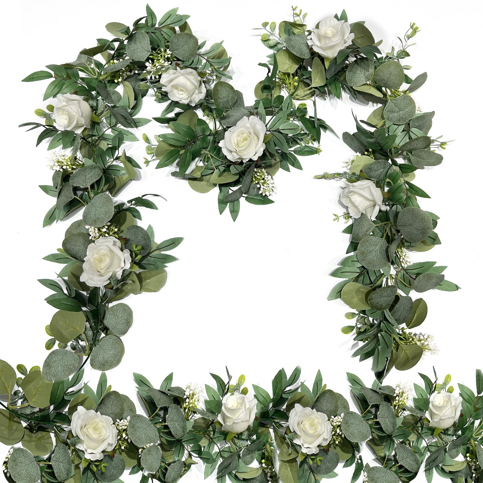 Photo 1 of 2 Pack 13Ft Artificial Spring Eucalyptus Flower Garland with White Roses, Fake Flower Greenery Floral Green Garland Vines for Wedding Arch Table Runner Backdrop Mantle Home Decorations (White)