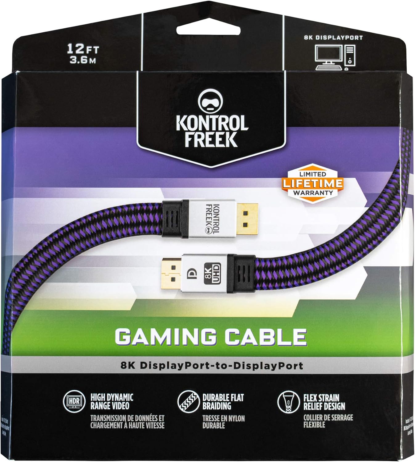 KONTROLFREEK DisplayPort 1.4 Cable 12ft (3.6m), Nylon Braided 8K DP to DP Gaming Cable (8K@60Hz, 4K@144Hz and 1080P@240Hz), HBR3, 32.4Gbps, HDCP 2.2, HDR Support - Black and Purple
