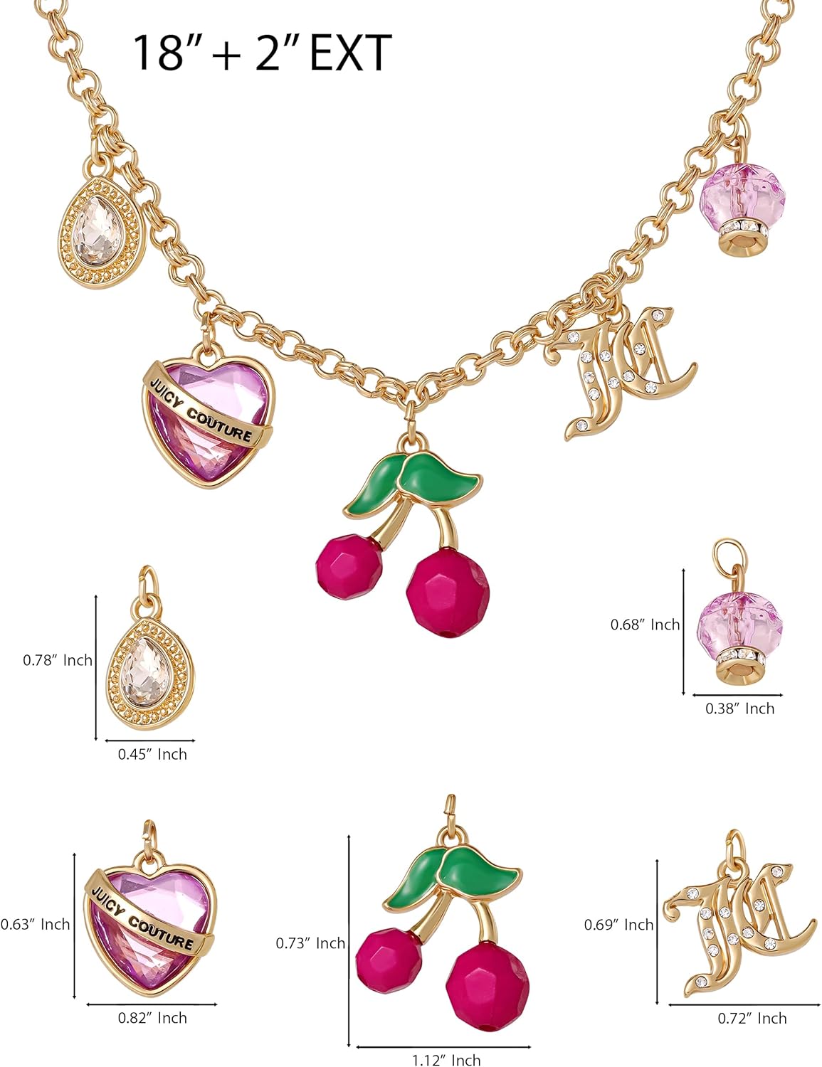 Juicy Couture Cherry Necklace for Women 18"+2", Gold-Tone Charm Necklace with 5 Charms, Juicy Gifts