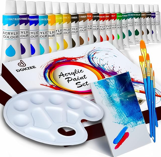 Acrylic Paints Set of 31 PCS, 24 colors Non-toxic art supplies, for Canvas, Glass, Wood & Fabric Paint, Included 5 brushes, 1 Canvas, 1 palette, Waterproof Acrylic Painting kit for Artists & Beginner