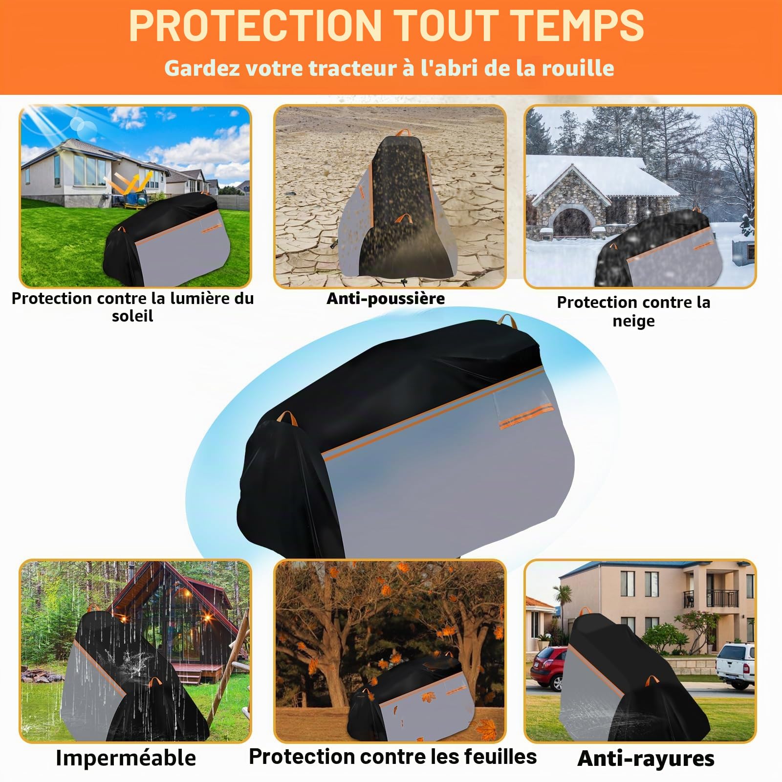 Housse de tracteur à gazon 600D - 183 x 137 x 117 cm - Imperméable à l'eau - Résistante à la poussière et aux UV - Avec cordons de serrage et sac de protection pour toutes les saisons/intempéries