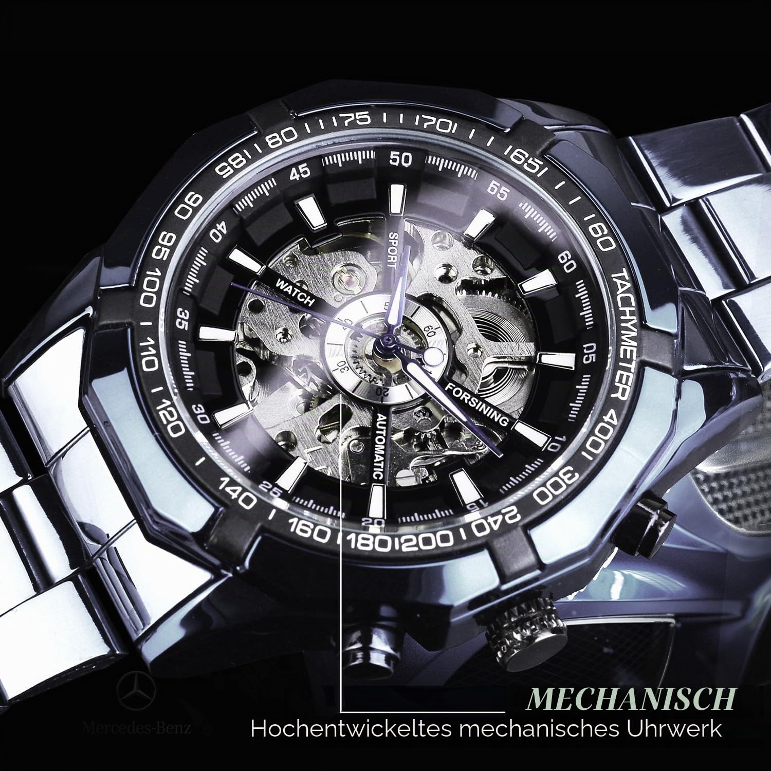 FORSINING Herren-Armbanduhr, selbstaufziehend, Skelett, ausgehöhlt, mechanisch, automatisch, luxuriös, blaues schwarzes Edelstahlband, wasserdichte Armbanduhr
