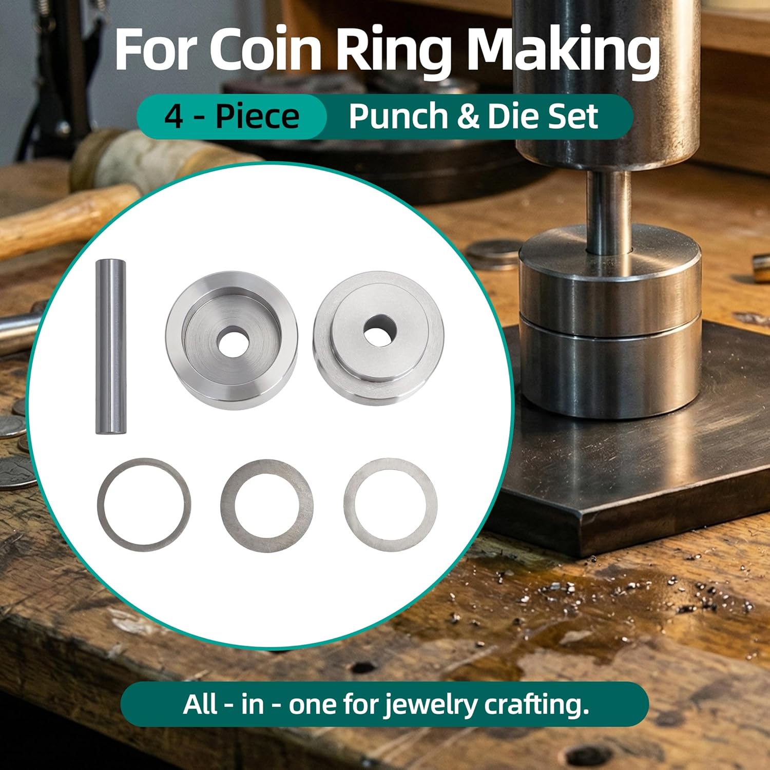 for Coin Ring Making, 4-Piece Punch & Die Set, Self-Centering Metal Hole Punch Tool Kit for Jewelry Crafting