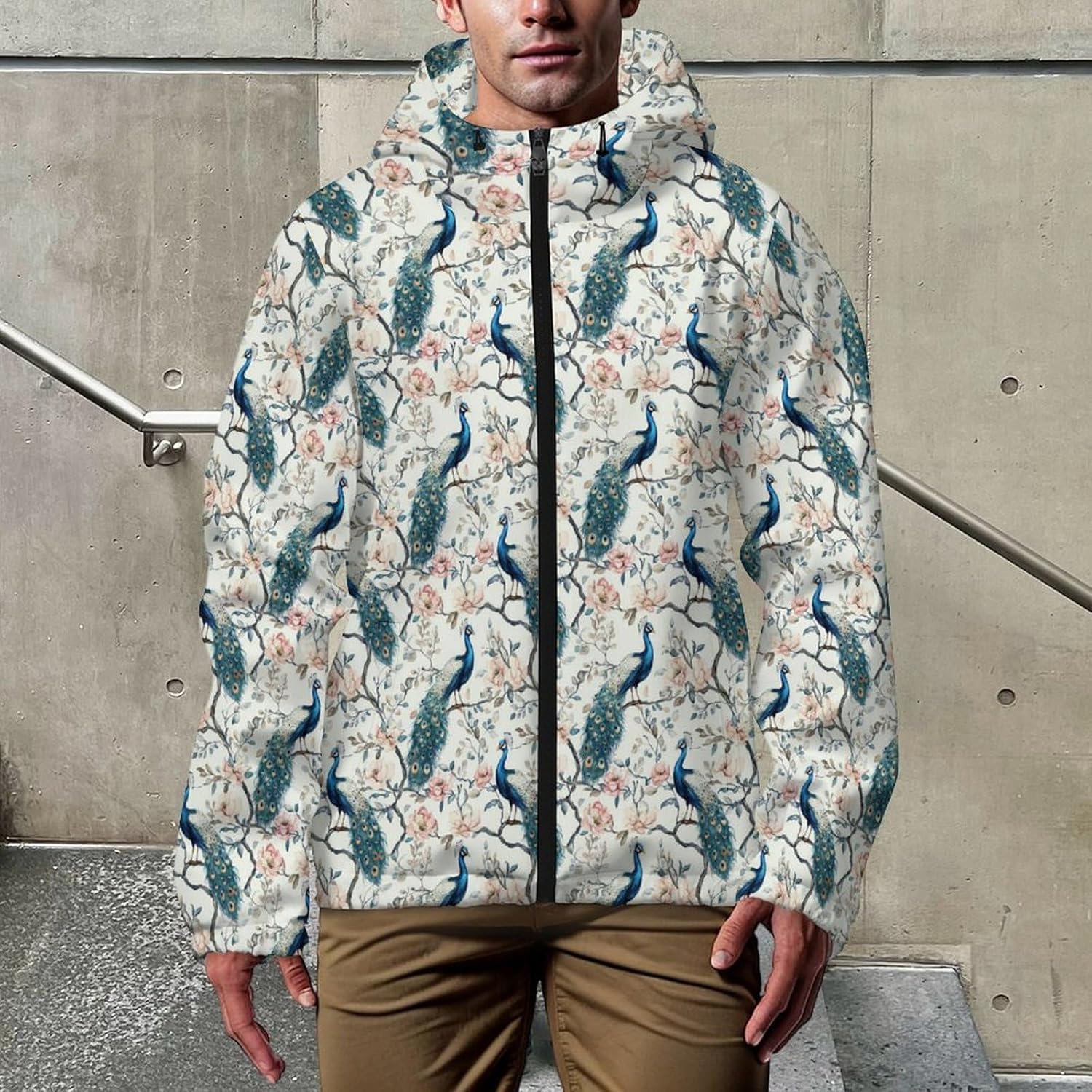 Peacock Flower Men's Windbreaker Jacket Lightweight Hooded Windbreaker Coat with Pockets
