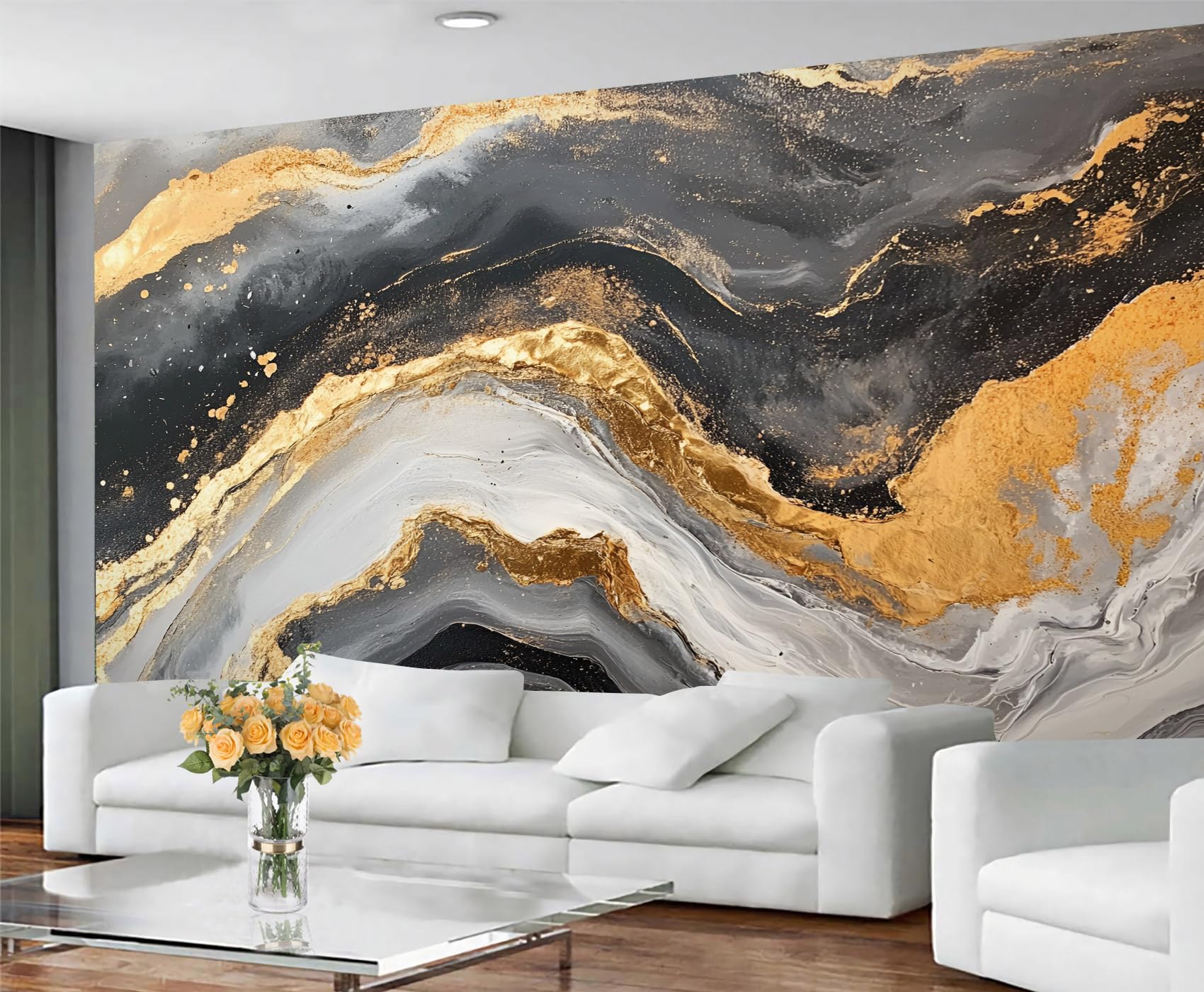 GIVLWF Wallpaper Marble Home Decor & Mural, Black and Gray Bedroom Wallpaper, Fluid Golden Wall Paper for Living Room, Large Wall Mural - Not Self-Adhesive — image 1