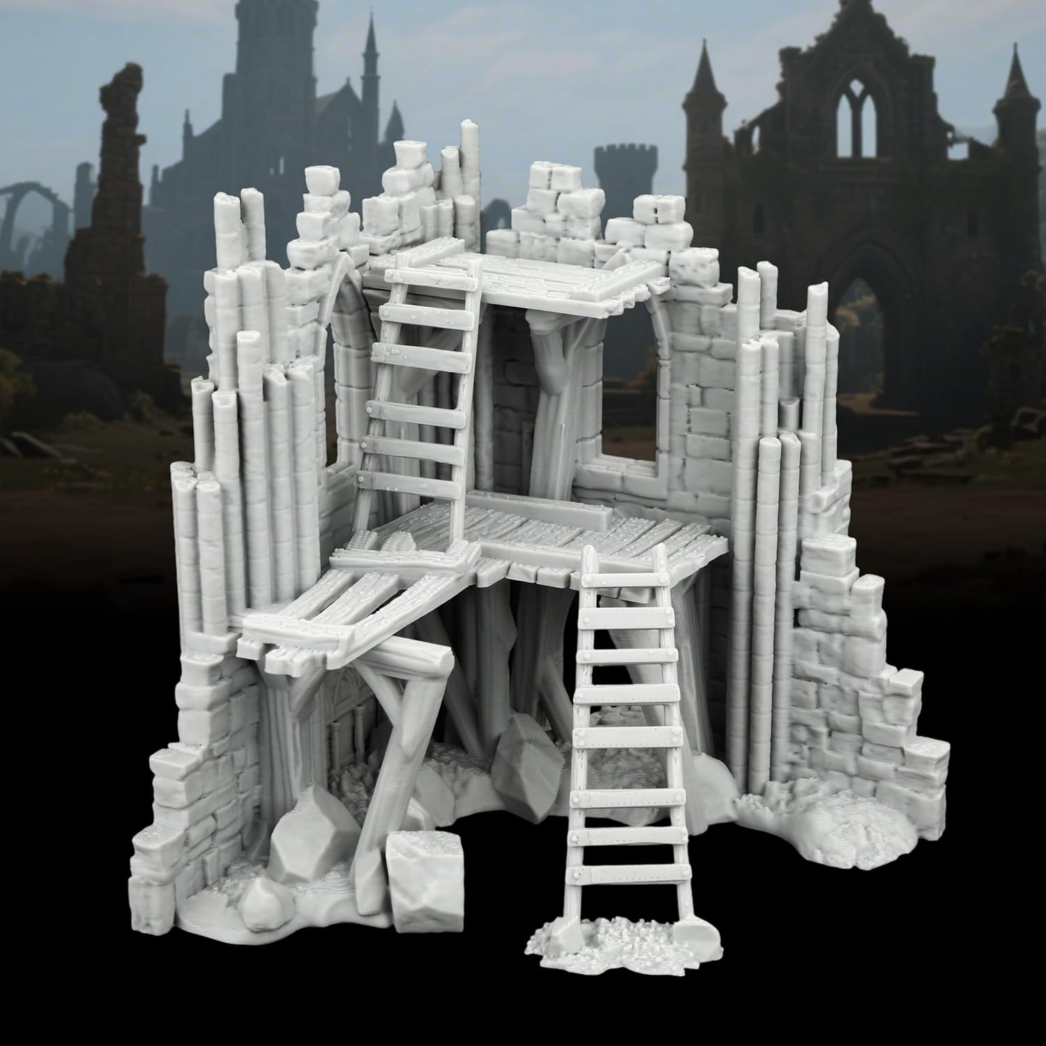 Modular 25mm Scale Unpainted Scenery - Detailed Fantasy Ruined Walls & Scaffolding for TTRPG Battle Maps, RPG Terrain Set for Dungeon Masters - Gothic Ruined Building (AF1119)