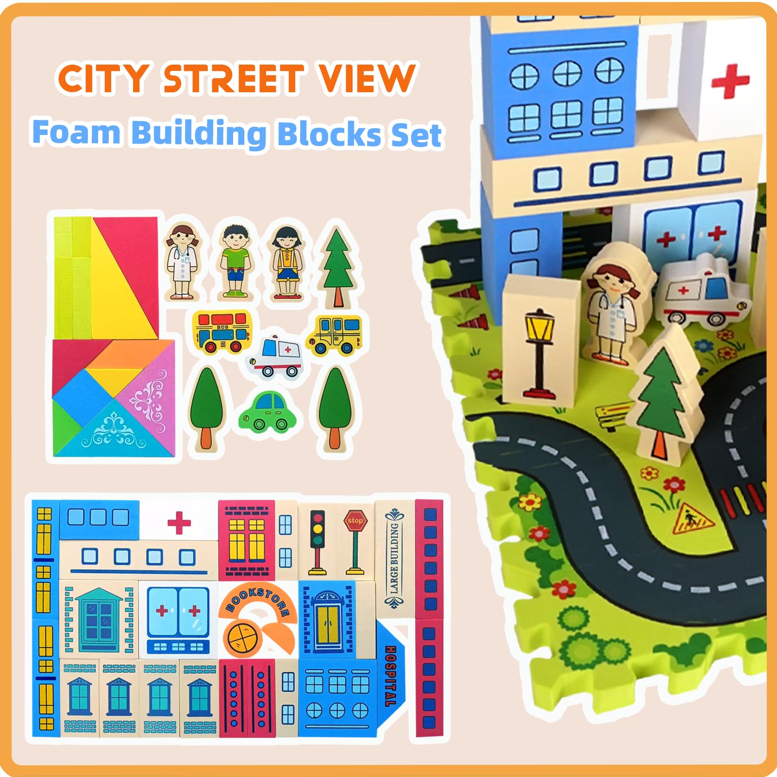 Pleykele City Street View Foam Building Blocks Set for 2-4 Years Old, Town Construction Soft Stacking Blocks with Alphabet Letters Puzzle Playmat, Educational Learning Gifts for Kids 18+ Months