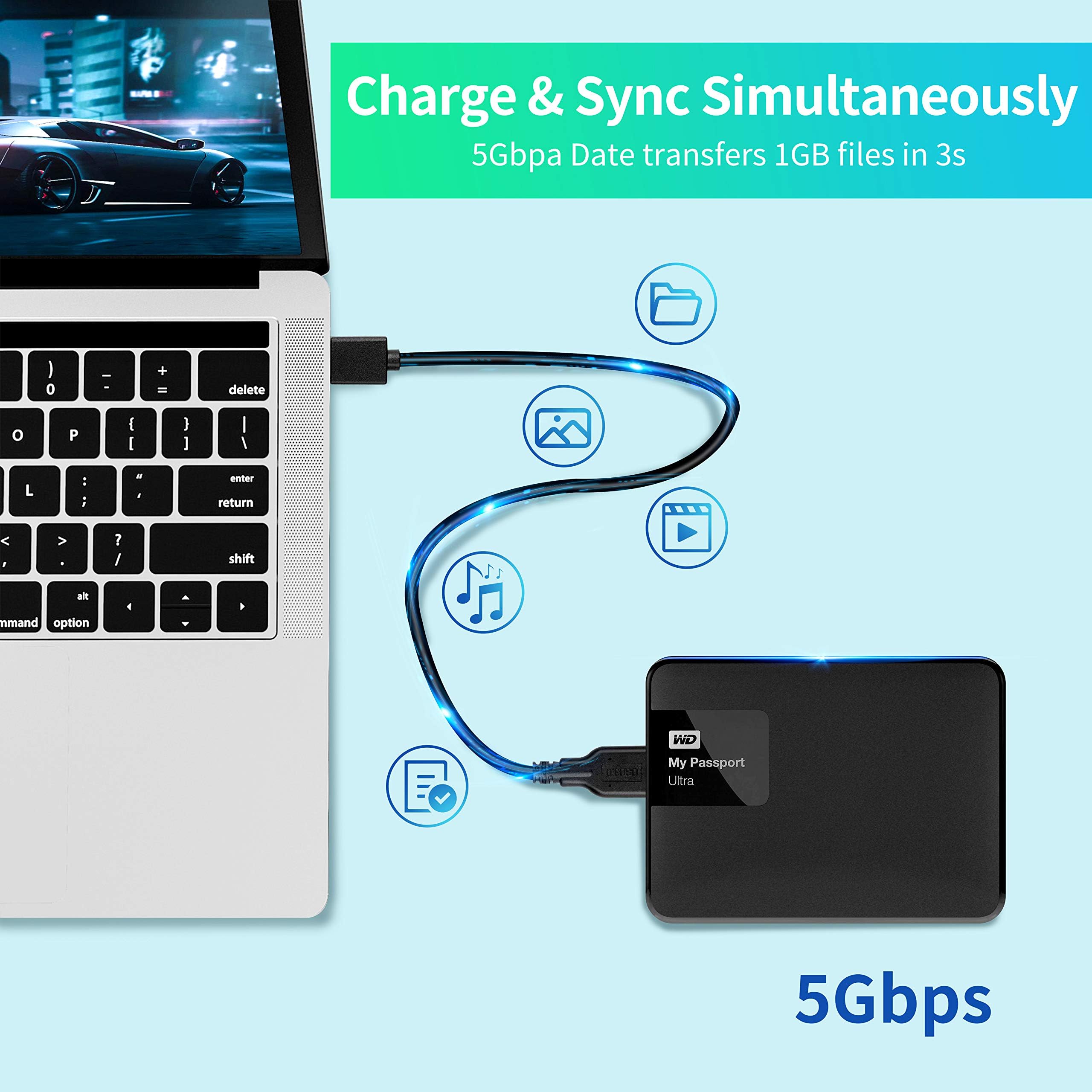 Cavo micro B, USB 3.0 A maschio a micro USB 3.0, cavo di sincronizzazione dati per Samsung, My Passport e altri hard disk esterni (35 cm/nero)