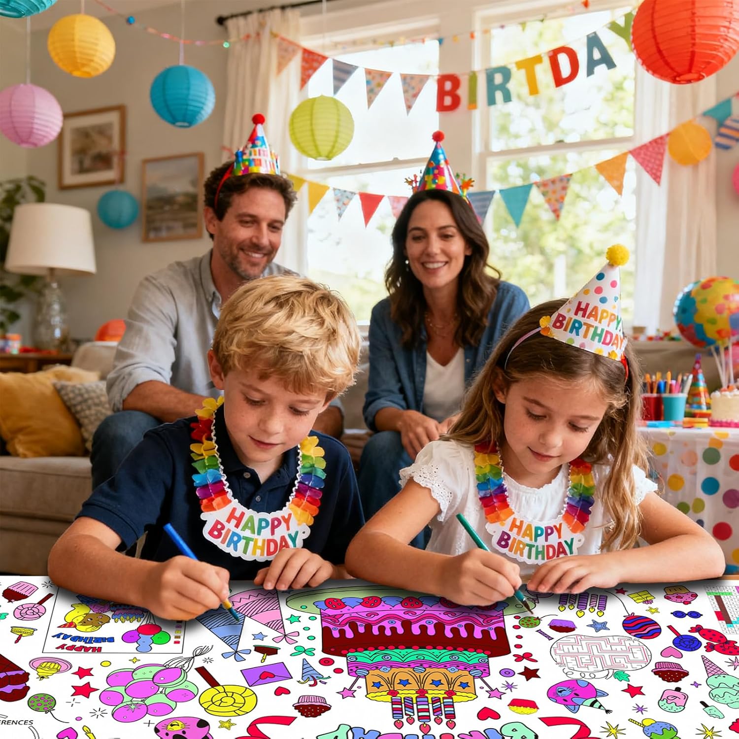 Raissily Birthady Giant Coloring Poster, 33.8 x 72 Inches Jumbo Paper Tablecloth with 6 Puzzle Games Banner Page Younger Adults Art Craft Supplies Gift Toy Party Decoration Color Table Sheet