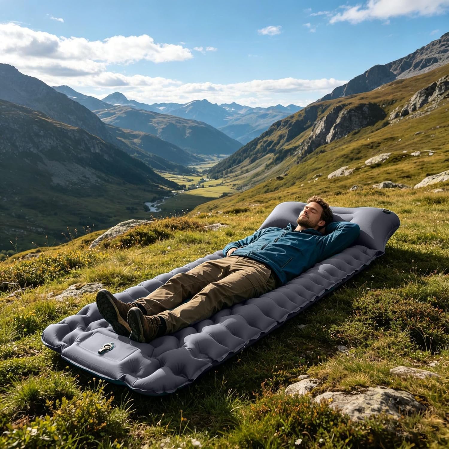 Self Inflating Camping Lounge Mat with Built-in Foot Pump, Ultralight Sleeping Pad, Thick Air Mattress for Backpacking, Travel, Tent, Beach & Outdoor Relaxation (Grey-Single)