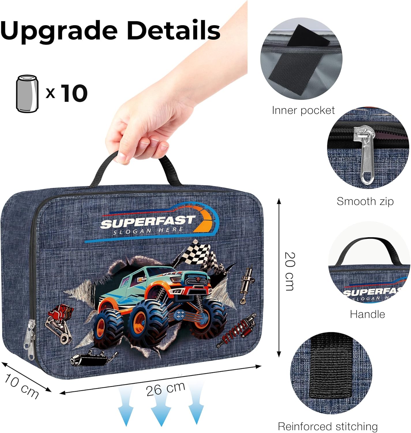 Clastyle 3D Insulated Kids Lunch Bag Large Thermal Cooler Bag for Boy Picnic School Lunch Box Tote,Monster Truck - Image 6