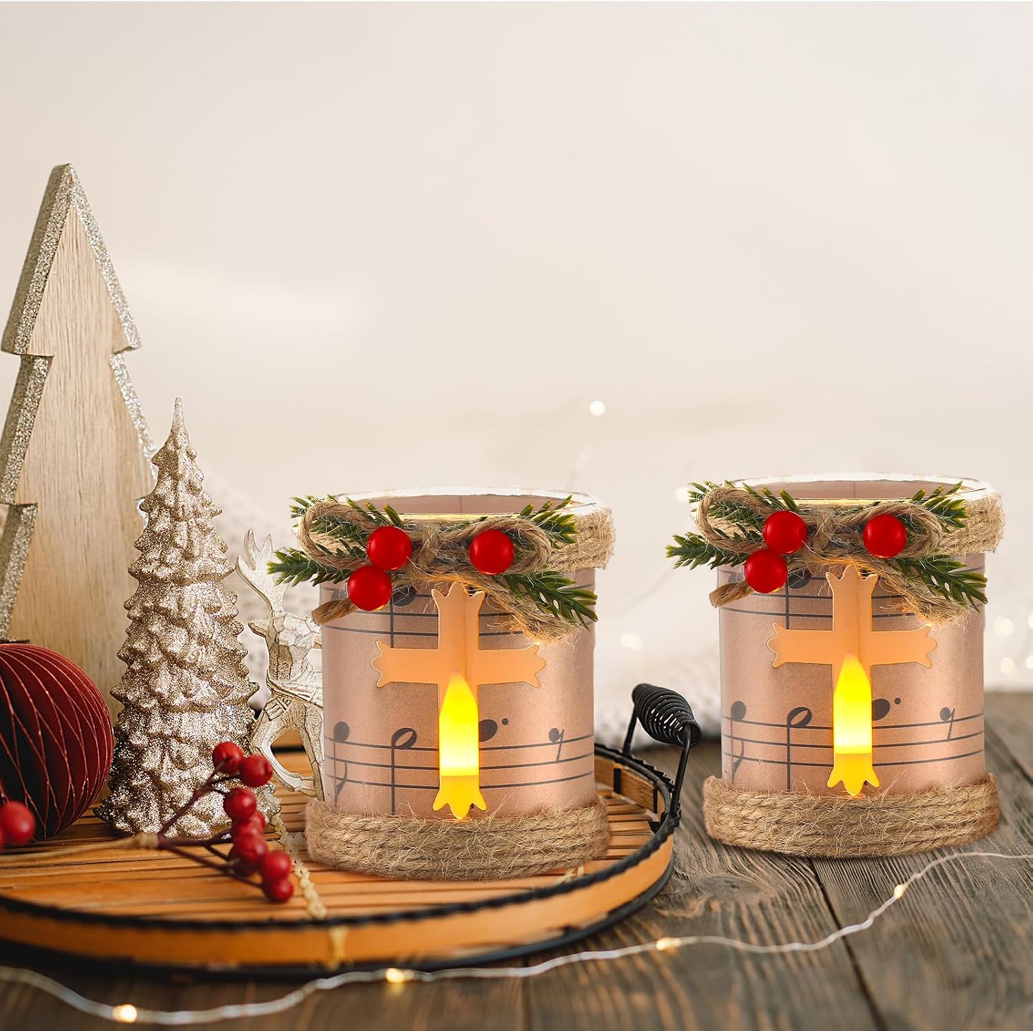 Funnymoom 6 Pcs Christmas Votive Candle Holders with Snowy and Red Berry Pine Leaves Xmas Music Note Glass Tealight Holders for Table Centerpiece Fireplace Home Ornaments Wedding Party Indoor Decor