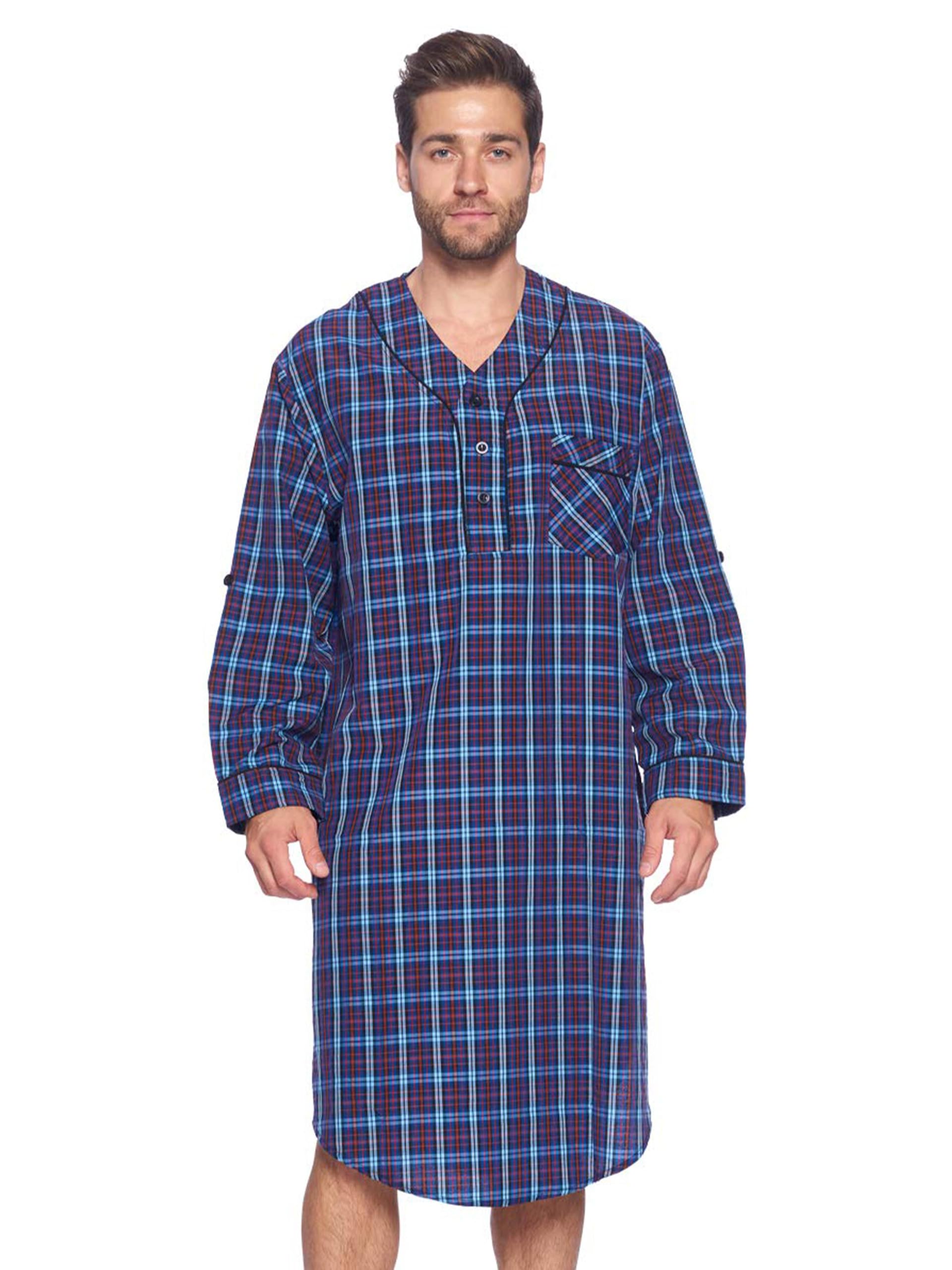 Men's Long Nightshirt | Woven Plaid Henley Gown Sleep Shirt