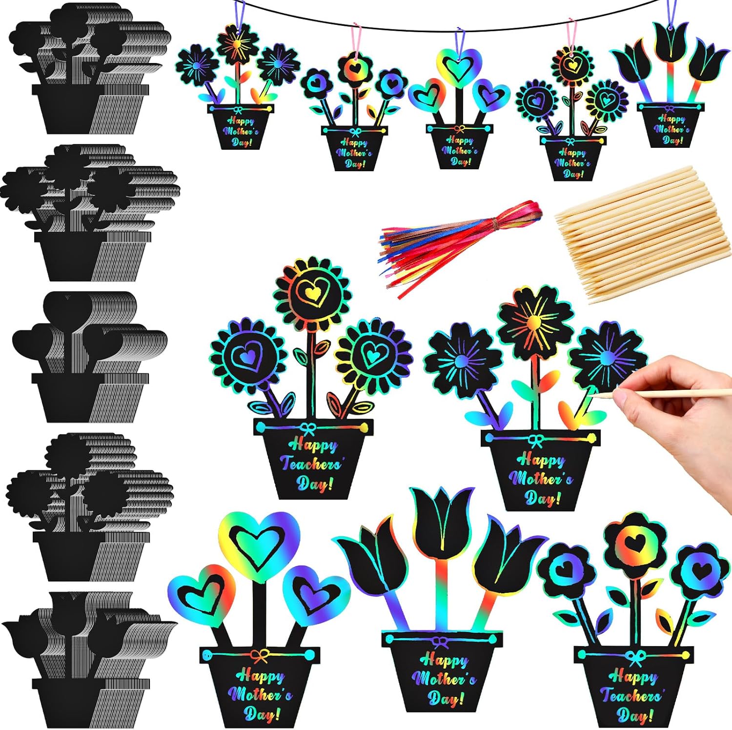 100 Pcs Flower Scratch Cards Graduation Flower Scratch Paper Craft Art Set DIY Hanging Craft Art Kit Drawing Coloring Sheet for Men Women Teacher Student Valentines Gifts Activity Party Favor