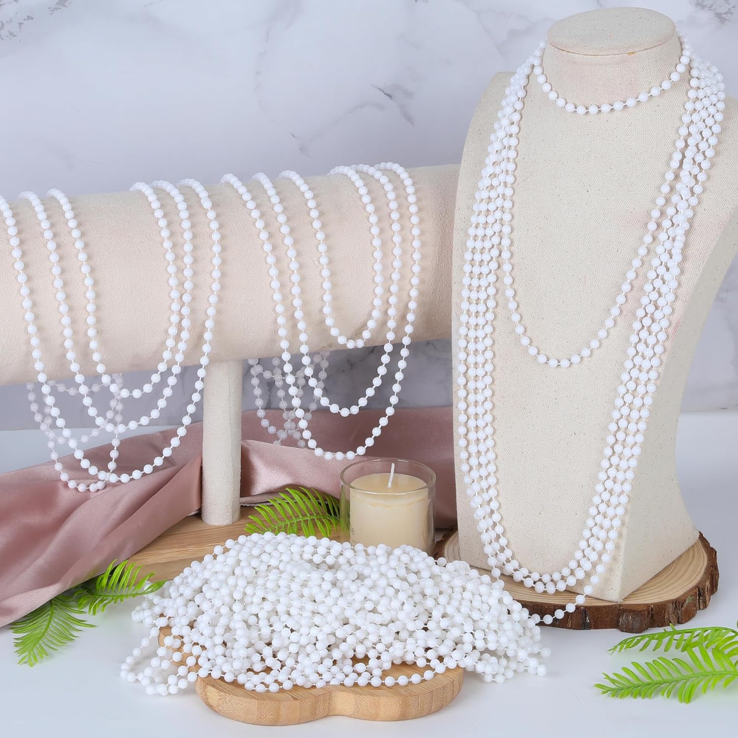 100 PCS White Mardi Gras Beads Bulk, 33" Mardi Gras Beaded Necklaces, Round Beaded Accessories Set Parade Throw Bead Accessories Supplies, White Beads for Wedding Carnival Party Decorations - Image 4