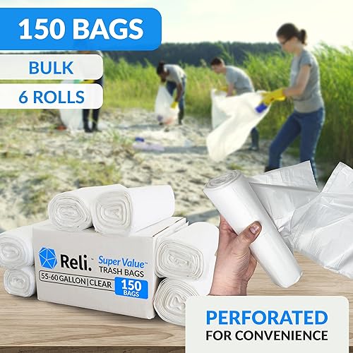 Miniatura 3 de Reli. Bolsas de basura Easy Grab de 55 a 60 galones (150 unidades) (transparentes) – Rollos de alta densidad con sello de estrella – Revestimientos