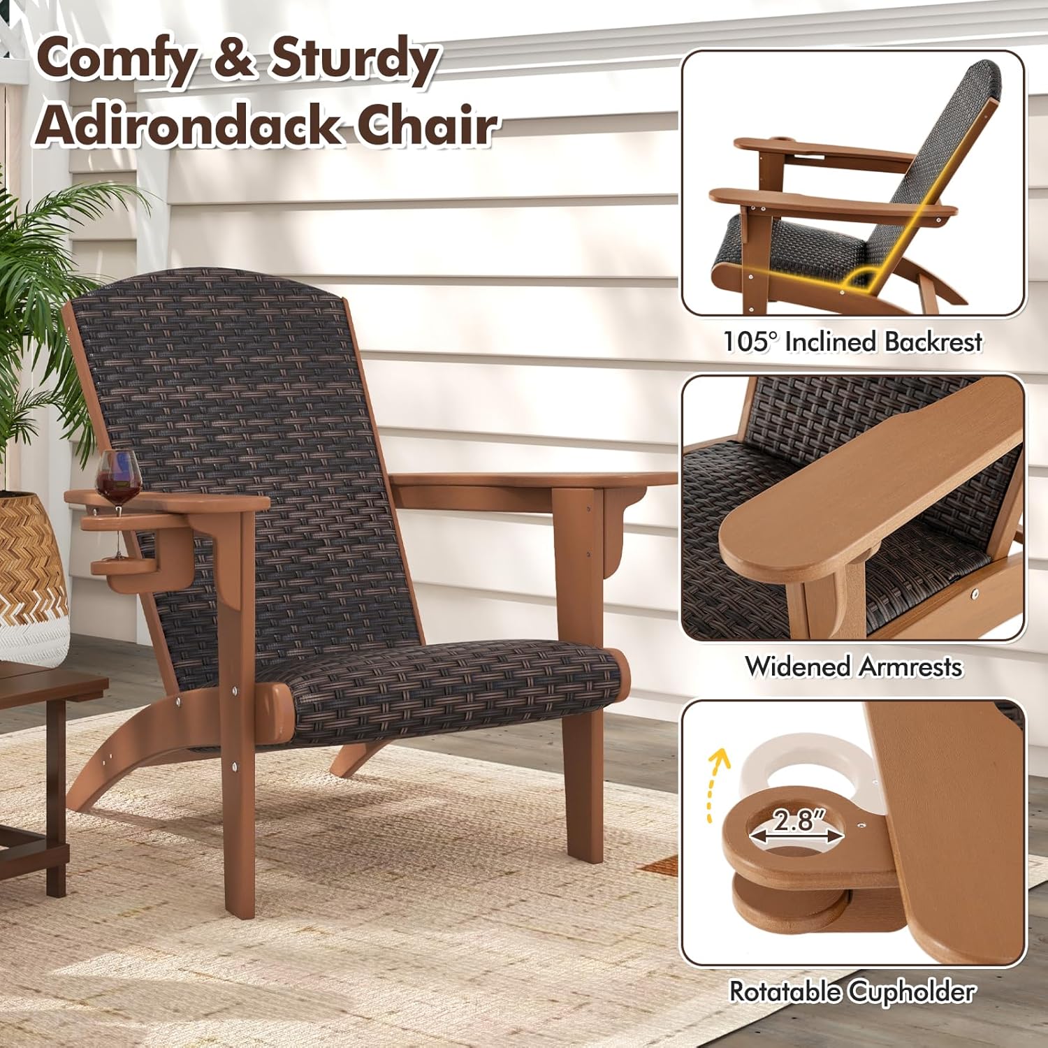 Tangkula Patio Wicker Adirondack Chair, HDPE Lounge Chair w/Rattan Padded Seat & Back, Wide Armrests & Hidden Cupholder, Outdoor All-Weather Adirondack Fire Pit Chair for Backyard, Lawn (1, Coffee)