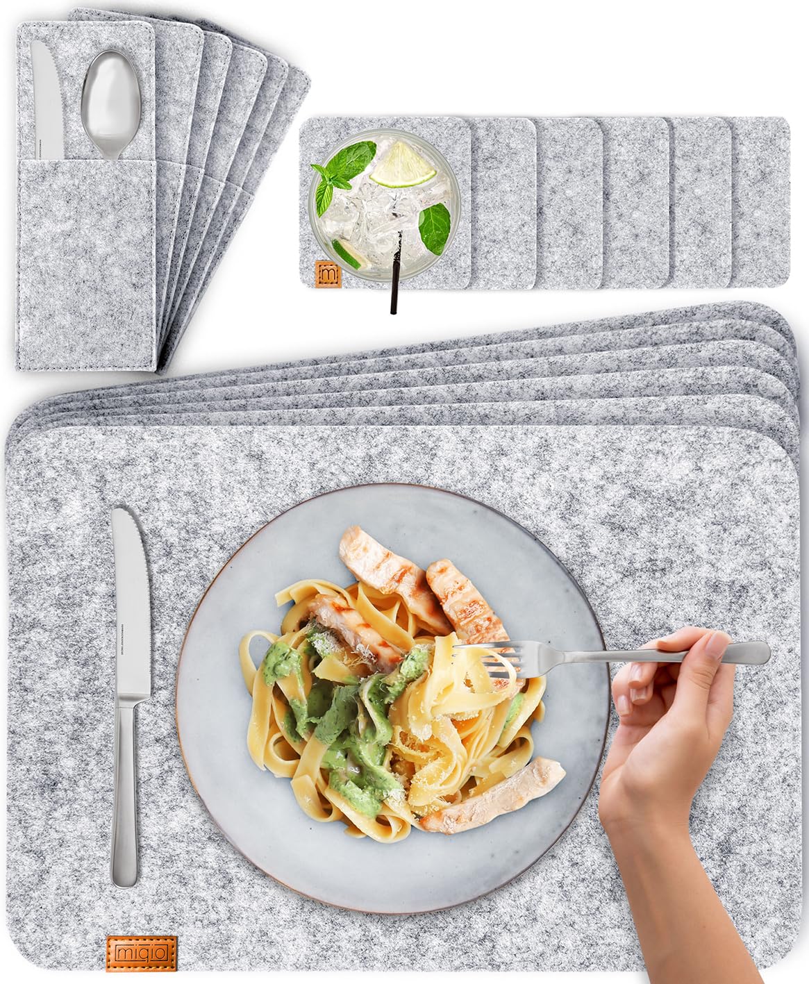Miqio Light Grey / Rectangular Felt Placemats - Set Of 18 Table Coasters - Washable - 6 Place Mats, Glass Coasters, Cutlery Bags | | Square