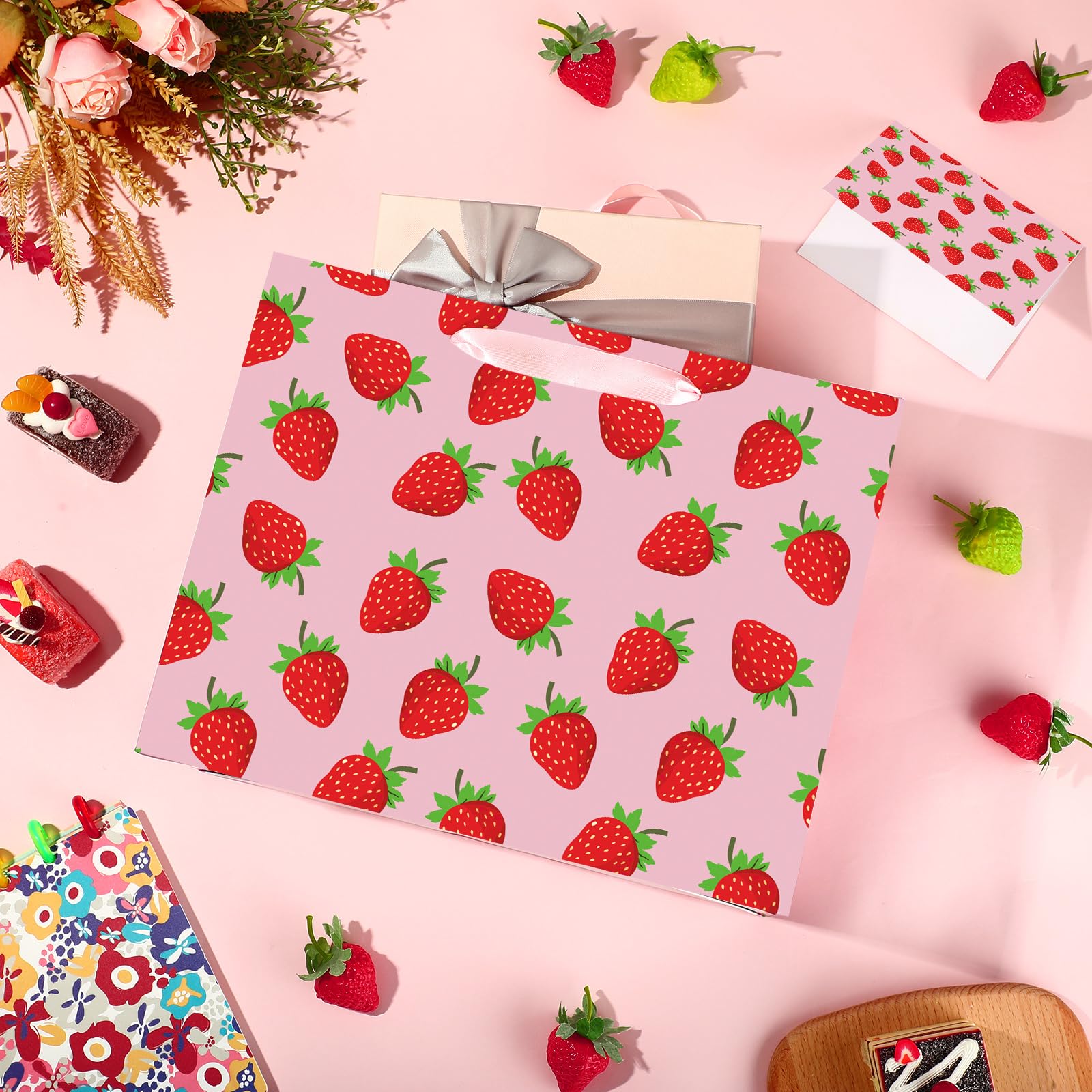 Strawberry Birthday Gift Bag Berry Birthday Decoration Sweet Berry Gift Bag with Wrapping Paper and Card Strawberry Party Wrapping Paper Bag with Handle for Girl Baby Shower Party Supplies