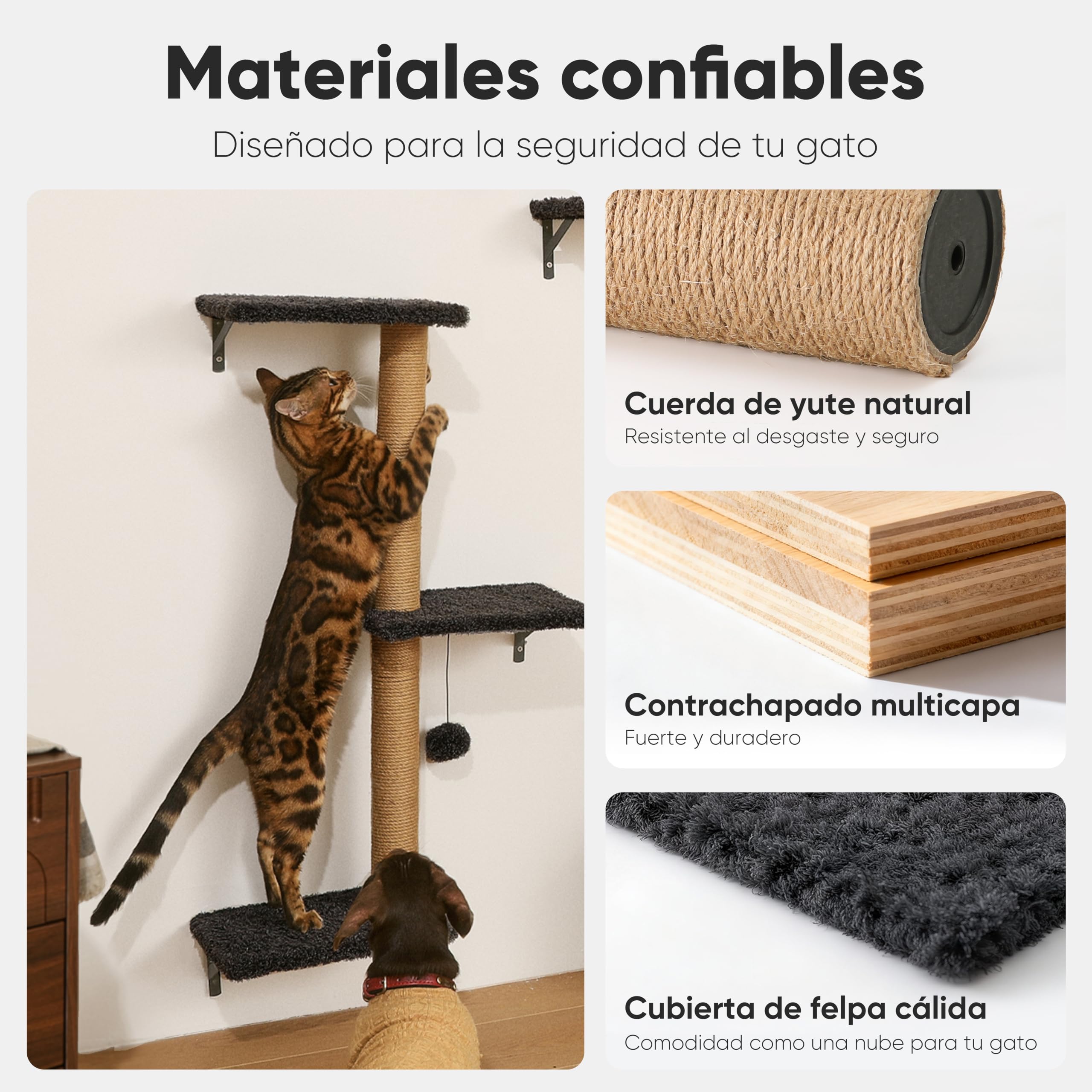 FUKUMARU Set de Pared de Escalada para Gatos, 4 Piezas - Estanterías de Pared, Hechas de Placas Multicapa Fuertes, Puente para Gatos, Árbol para Gatos, Escaleras para Gatos hasta 18 kg, Gris
