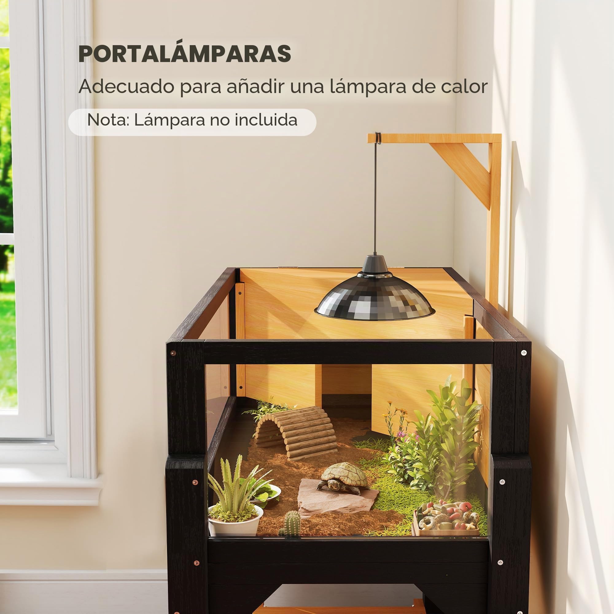 PawHut Caseta de madera para tortugas con estante de almacenamiento y ventanas transparentes, hábitat con portalámparas, parte superior abatible, bandeja integrada, amarillo