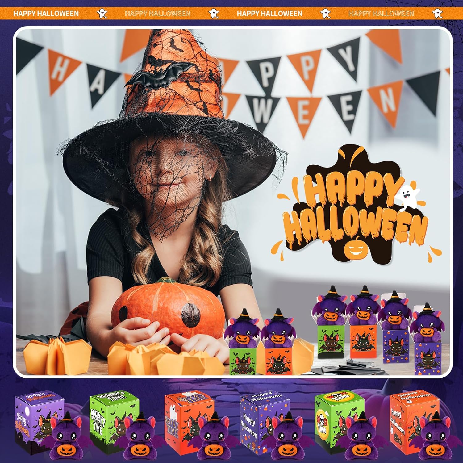 Civaner 24 Sets Halloween Stuffed Animal Mini Plush Toys Bulk with Gift Boxes Small Pumpkin Witch Hat and Keychains for Halloween Party Favors Decorations Classroom Exchange Gifts Doll(Bat)