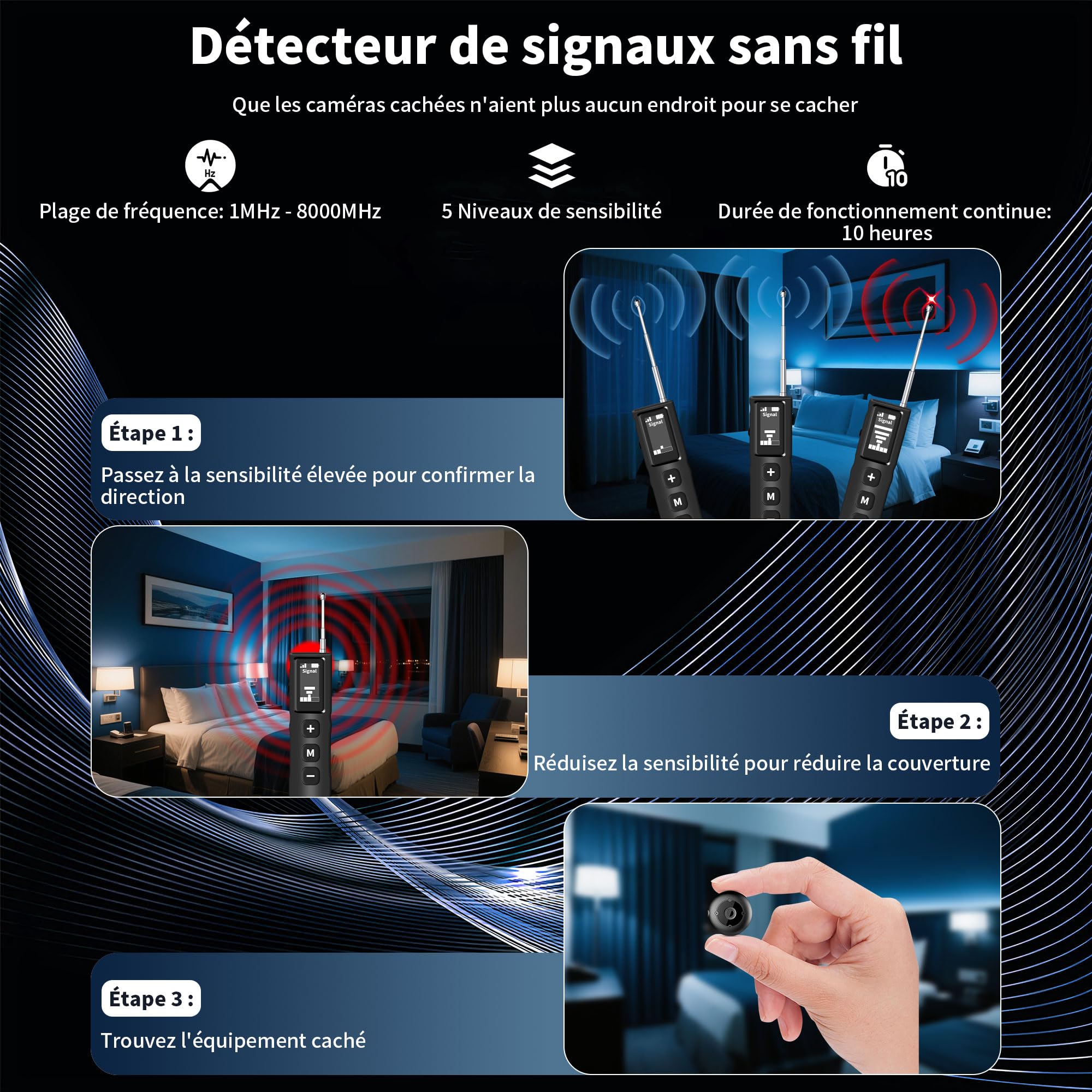 Détecteur de lit, détecteur RF, détecteur GPS, traceur, appareils auditifs, caméras sans fil pour hôtels, maisons, bureaux