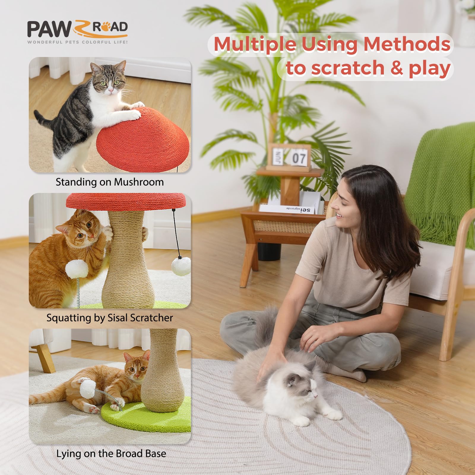 PAWZ Road Śliczny drapak dla kotów domowych, drapak dla kota w kształcie grzyba, drapak ze 100% sizalowym drapakiem i pomponami