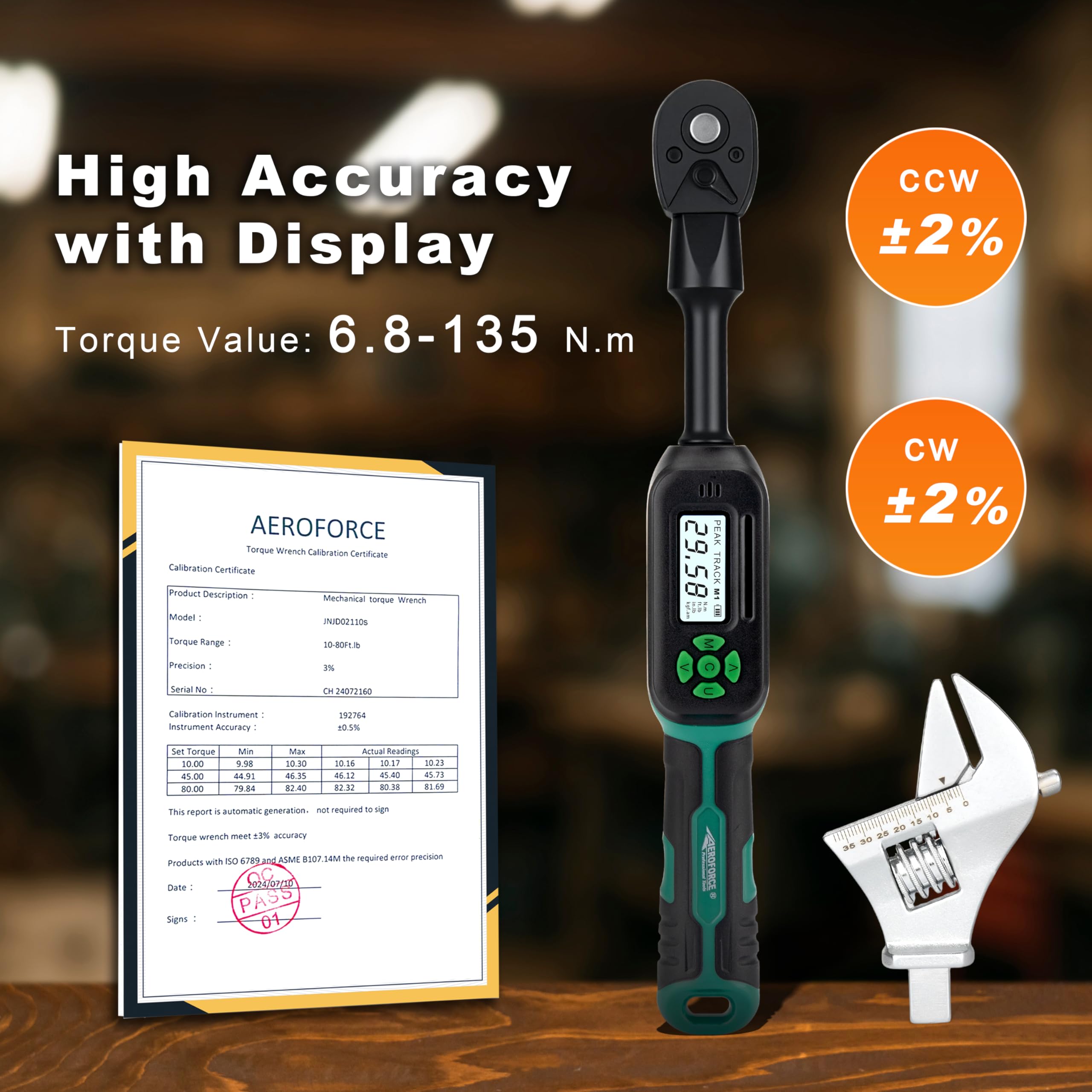 AEROFORCE - Llave dinamométrica digital de 3/8 pulgadas, llave dinamométrica eléctrica de 6.8-135 Nm con extremo abierto de 38 mm, mandíbula intercambiable y cabeza de trinquete, para HVAC, automoción