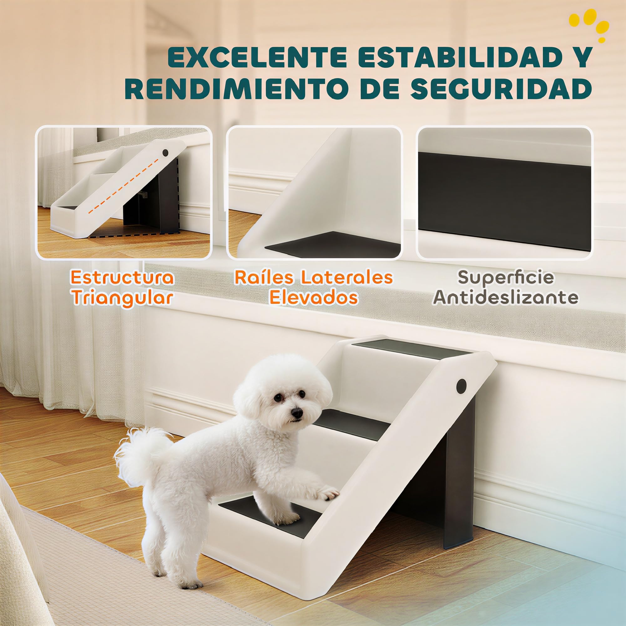 PawHut Escalera para Perros Plegable de 3 Peldaños Portátil Escalera para Mascotas Mayores Perros Pequeños Gatos para Sofá y Cama 53x30,5x36,5 cm Blanco Crema