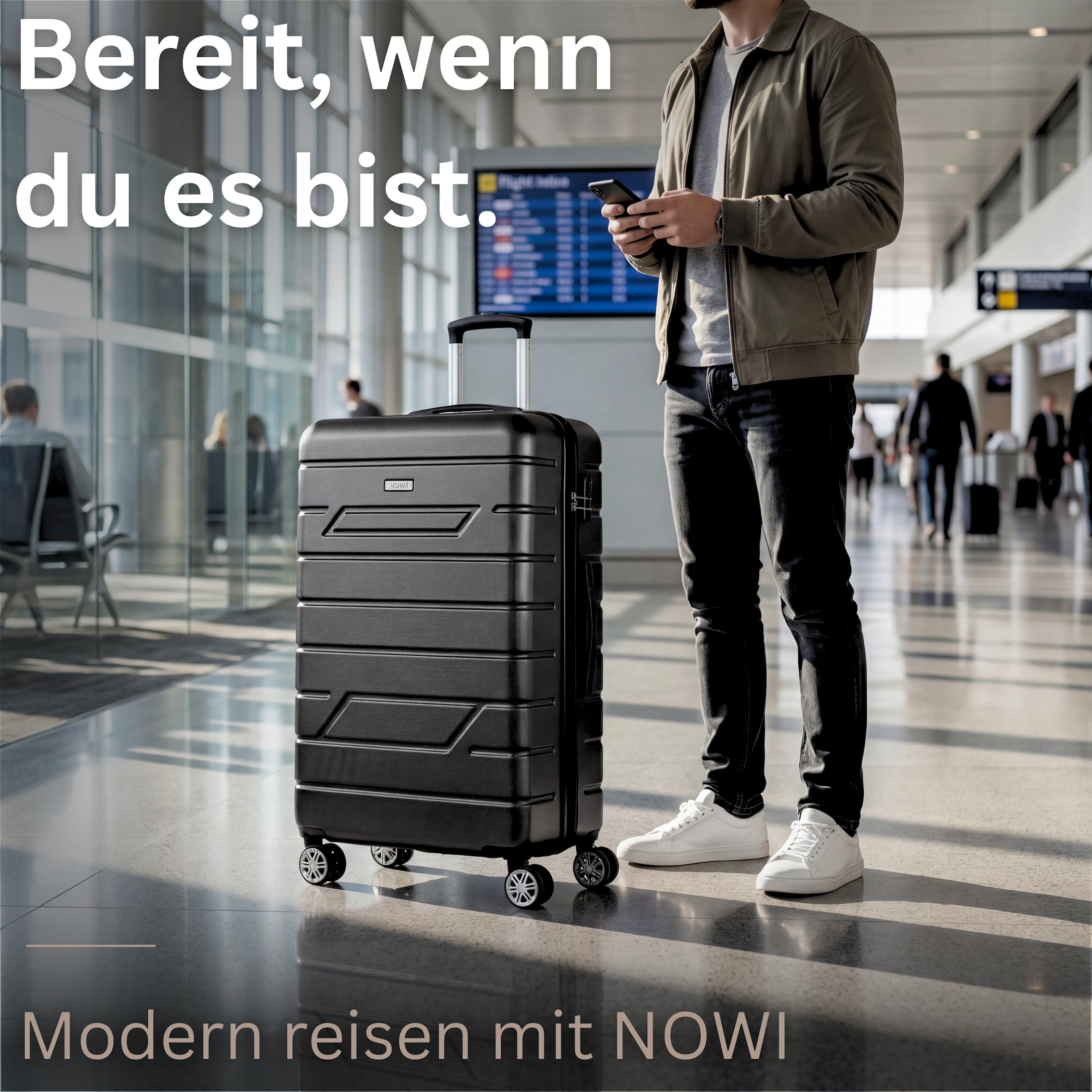 NOWI Hartschalenkoffer XL Groß - 100L Volumen - 158cm Gurtmaß - 8 Rollen 360° drehbar - Leichter Koffer mit Zahlenschloss & Teleskopgestänge - Reisekoffer mit Rollen, Trolley (schwarz, XL)